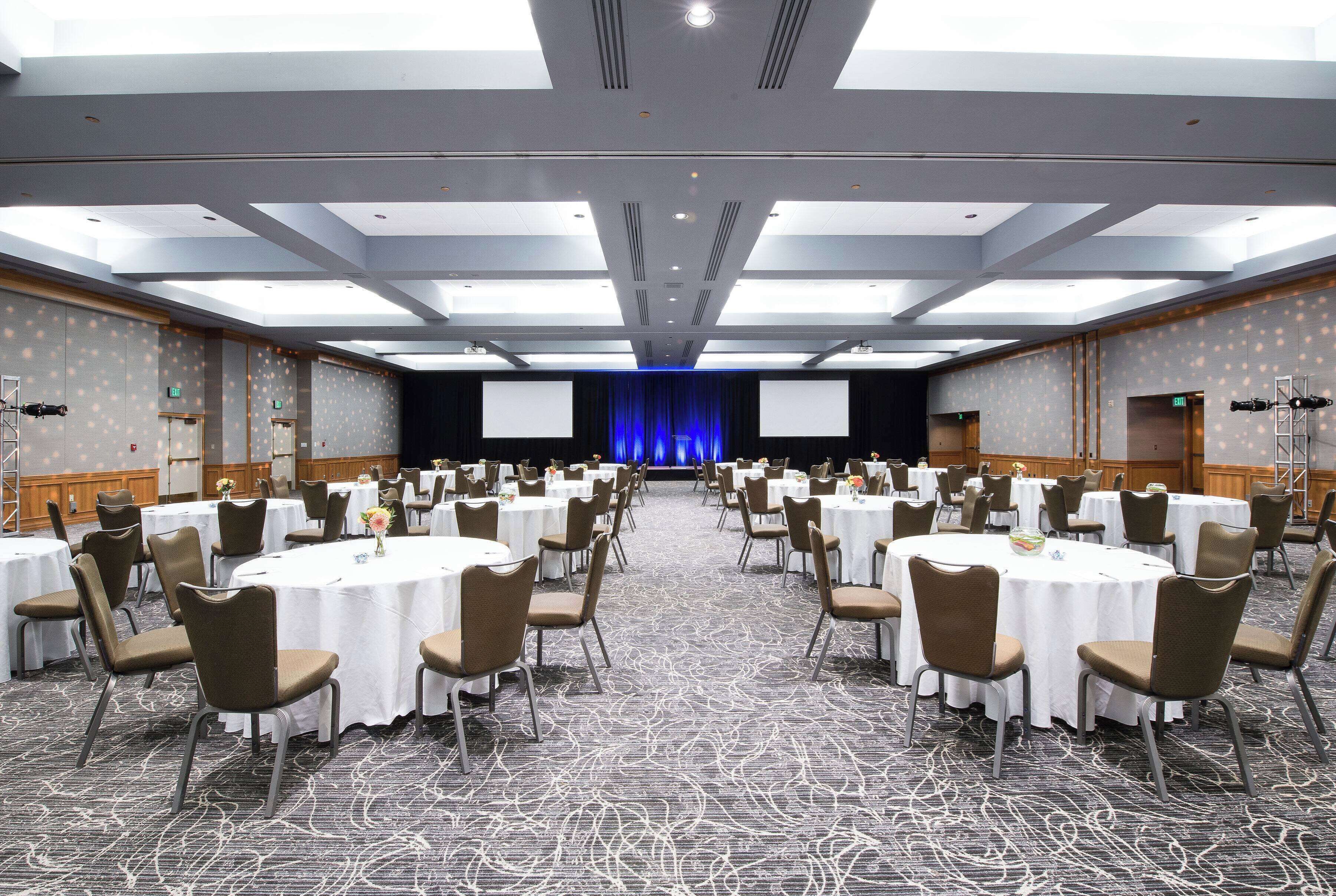 Une grande salle de conférence avec des tables rondes et des chaises, une scène avec un rideau bleu et un tapis à motifs.