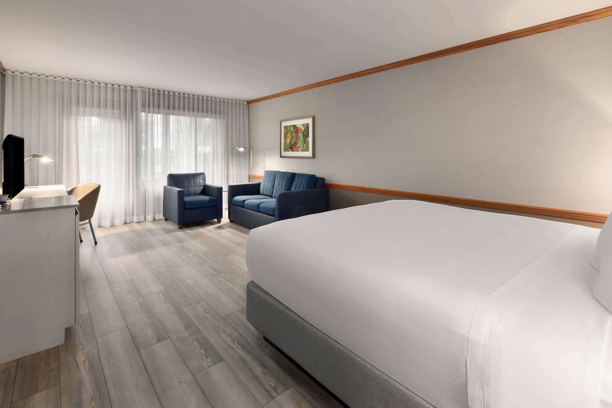 A hotel room with a large bed, a desk, a chair, and a sofa.