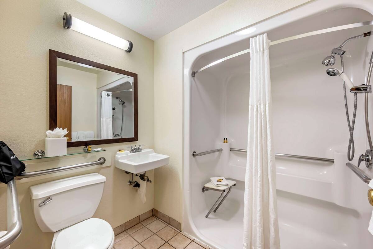 combined shower/bathtub, free toiletries, hair dryer, towels
