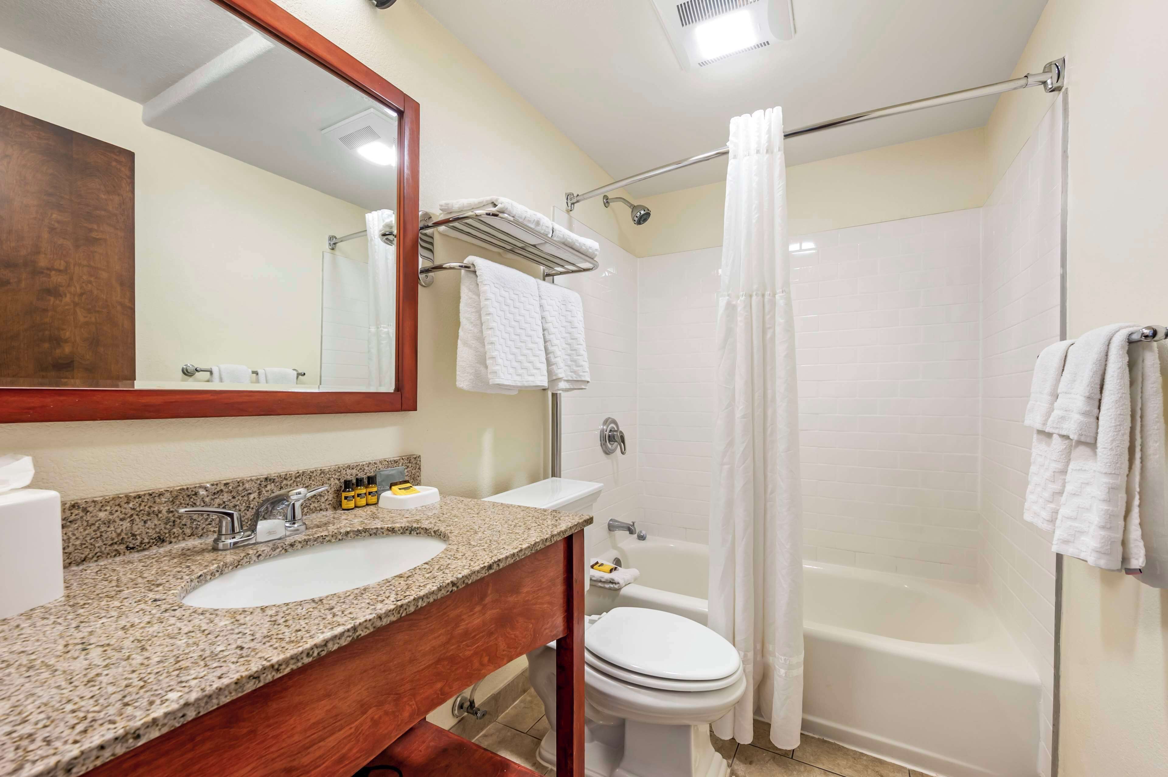 A bathroom with a granite countertop sink, a mirror, a toilet, and a bathtub with a shower curtain.