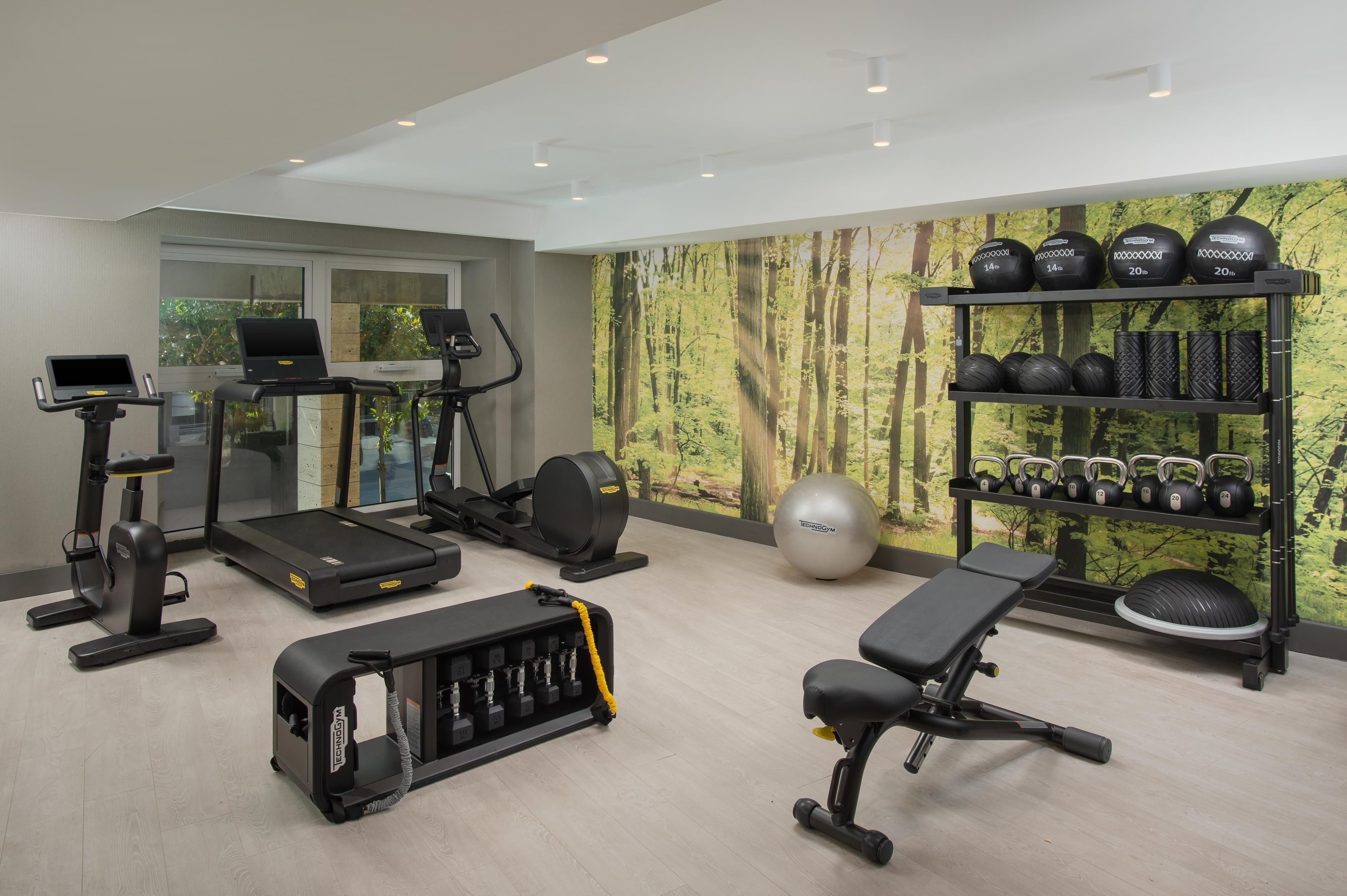 A home gym with a treadmill, elliptical, stationary bike, free weights, and a bench.