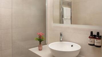 Shower, eco-friendly toiletries, hair dryer, bidet