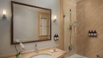 Shower, eco-friendly toiletries, hair dryer, bidet
