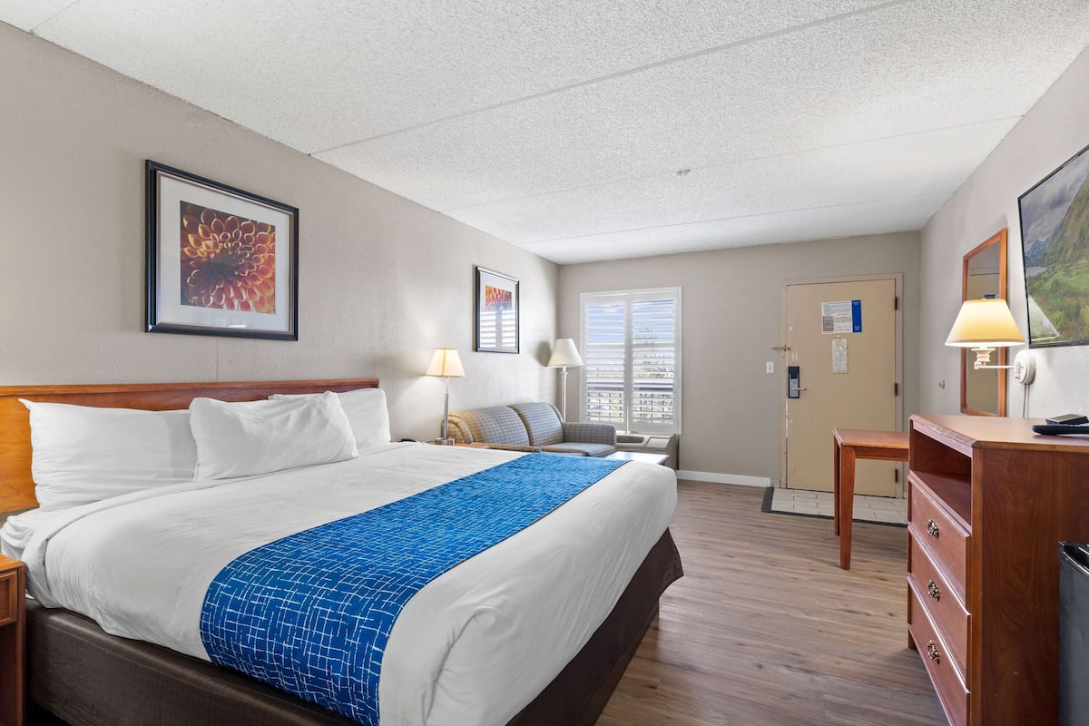 A hotel room with a large bed, bedside tables, a desk, and a chair.