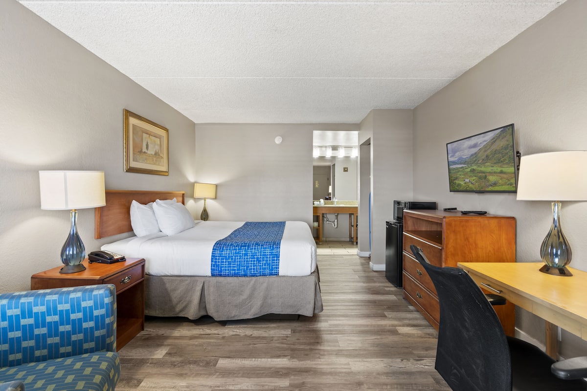 A hotel room with a bed, desk, chair, and a television.
