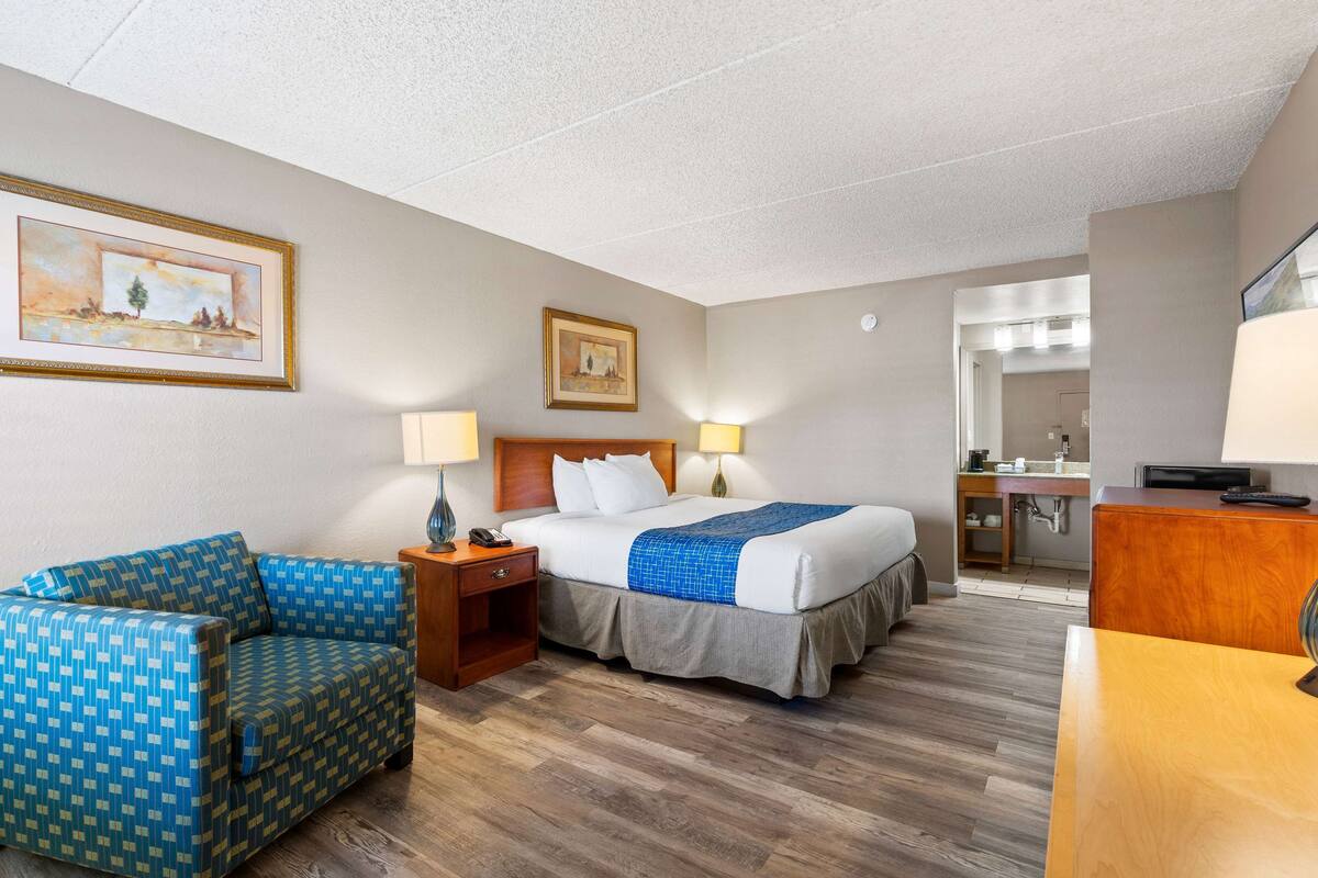 A hotel room with a bed, a sofa, a desk, and a bathroom visible through an open door.
