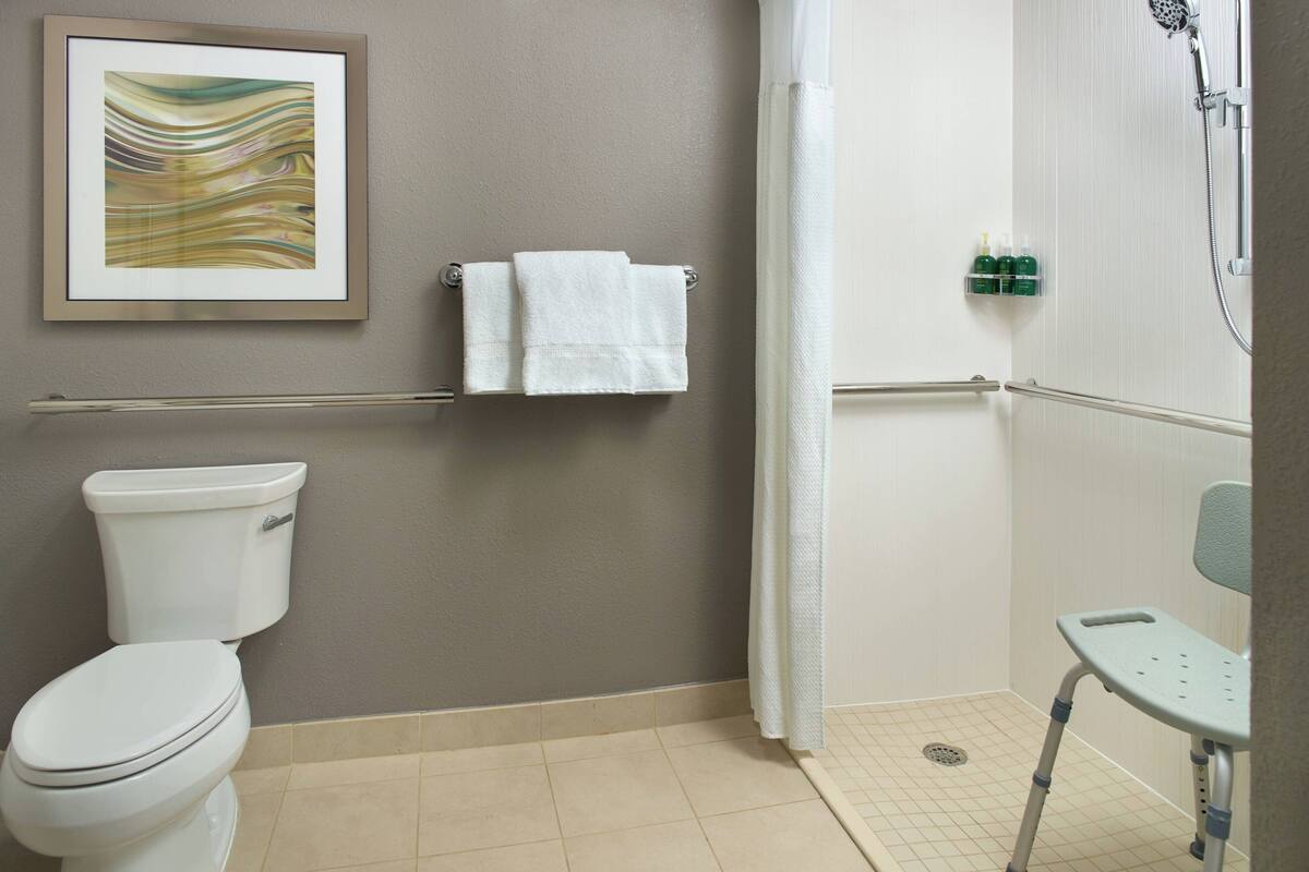 A bathroom with a toilet, a framed abstract painting, a towel rack with two white towels, a shower with a handheld showerhead, and a grab bar.