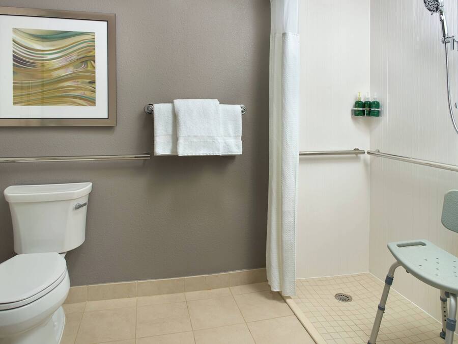 A bathroom with a toilet, a framed abstract painting, a towel rack with two white towels, a shower with a handheld showerhead, and a grab bar.