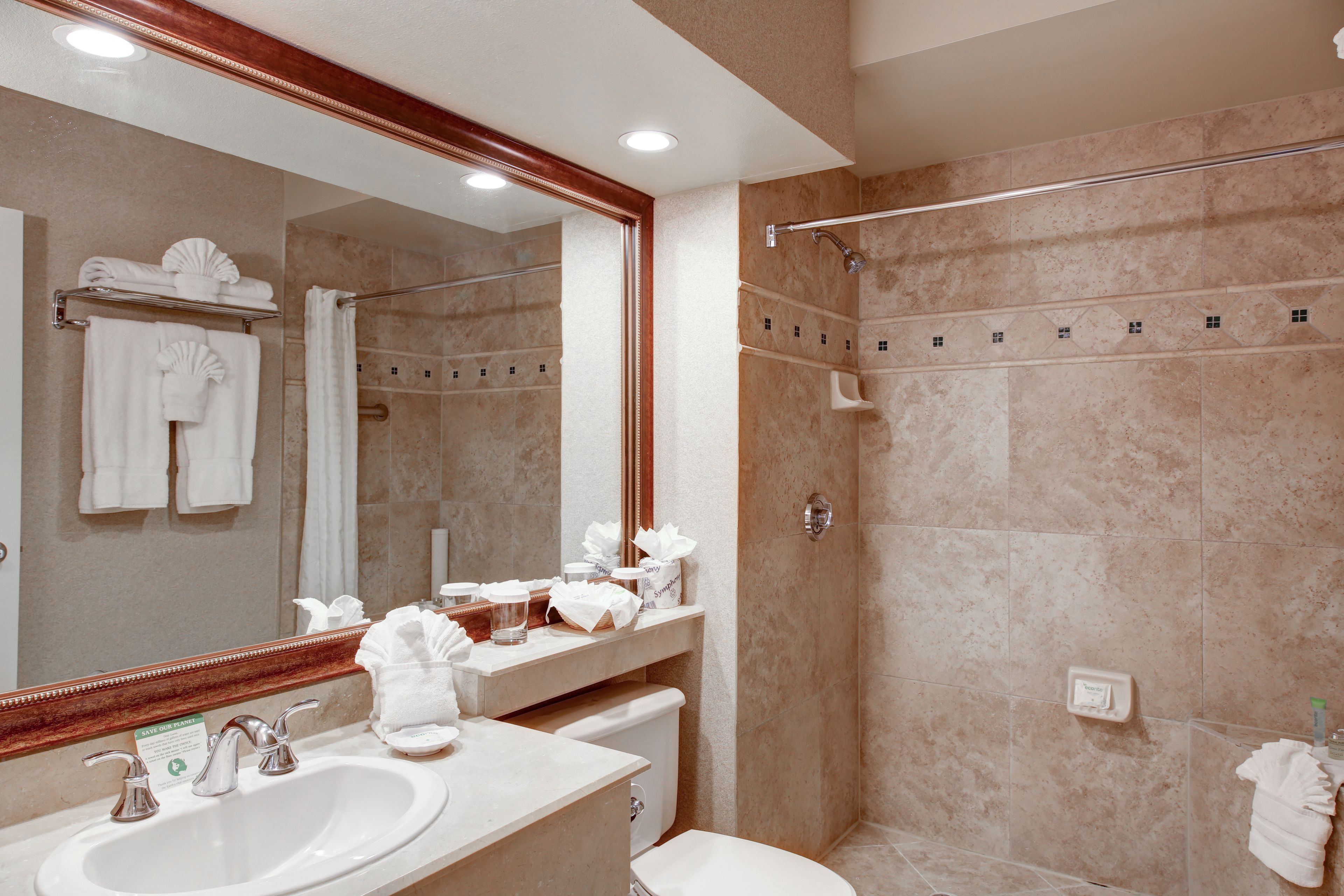 Eco-friendly toiletries, hair dryer, towels