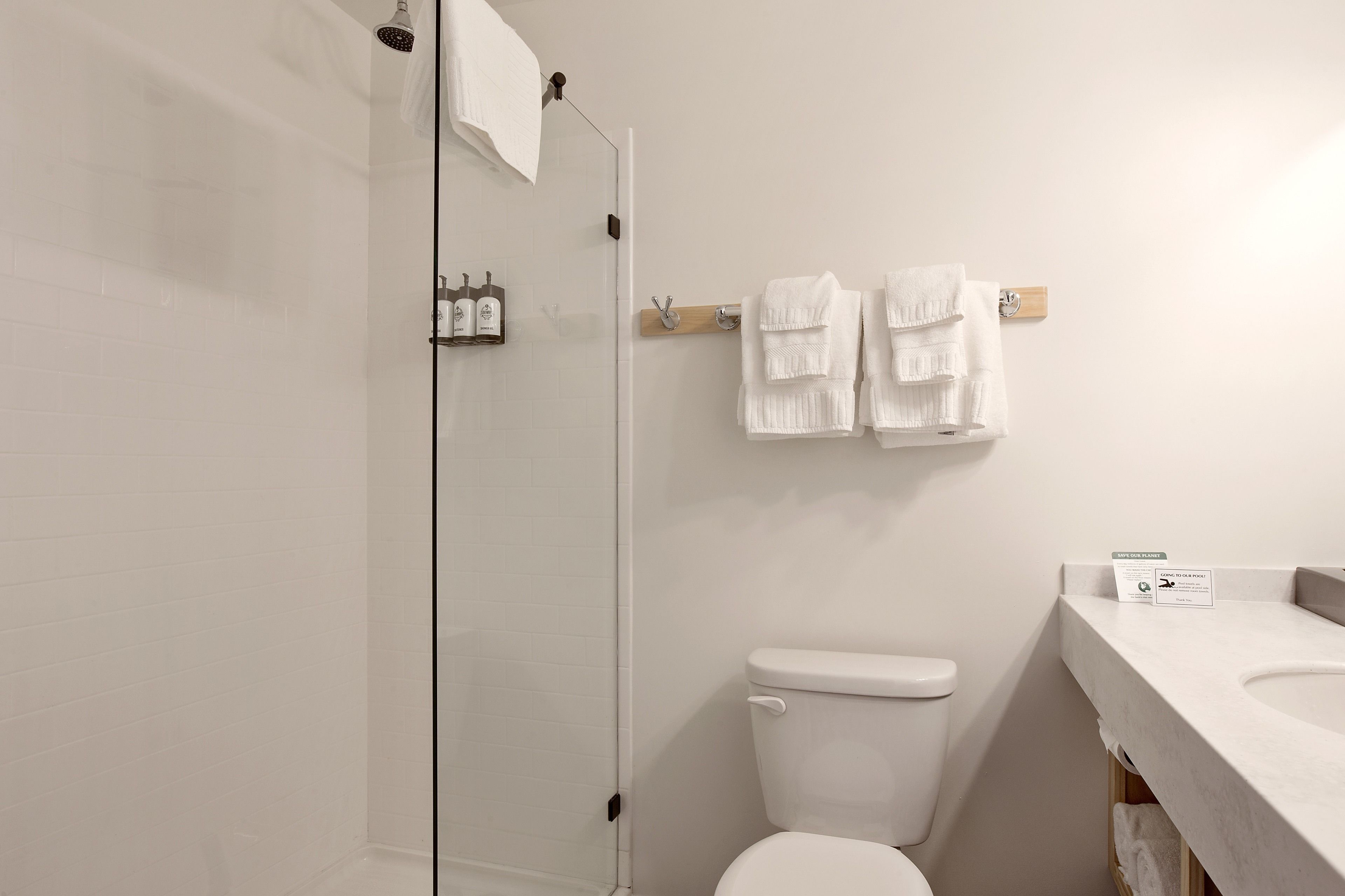 Un baño moderno con cabina de ducha de vidrio, inodoro blanco y estante de madera con artículos de aseo.