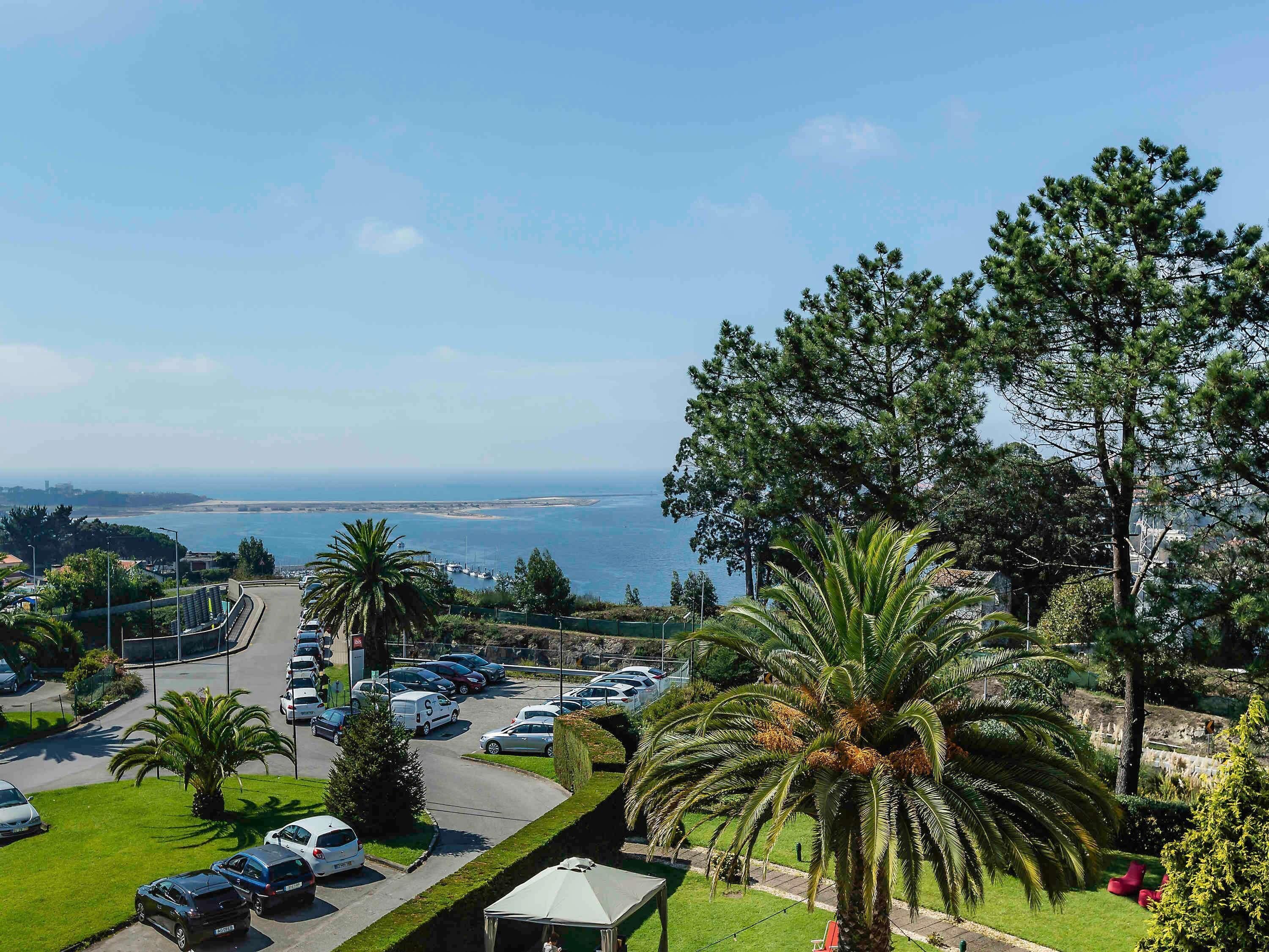 Une vue sur la côte, avec un espace de stationnement, des palmiers et un ciel dégagé.