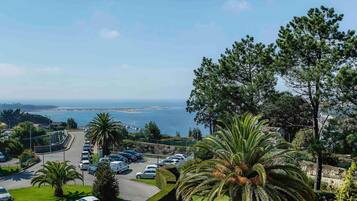 Une vue sur la côte, avec un espace de stationnement, des palmiers et un ciel dégagé.