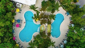 2 outdoor pools, pool umbrellas, pool loungers