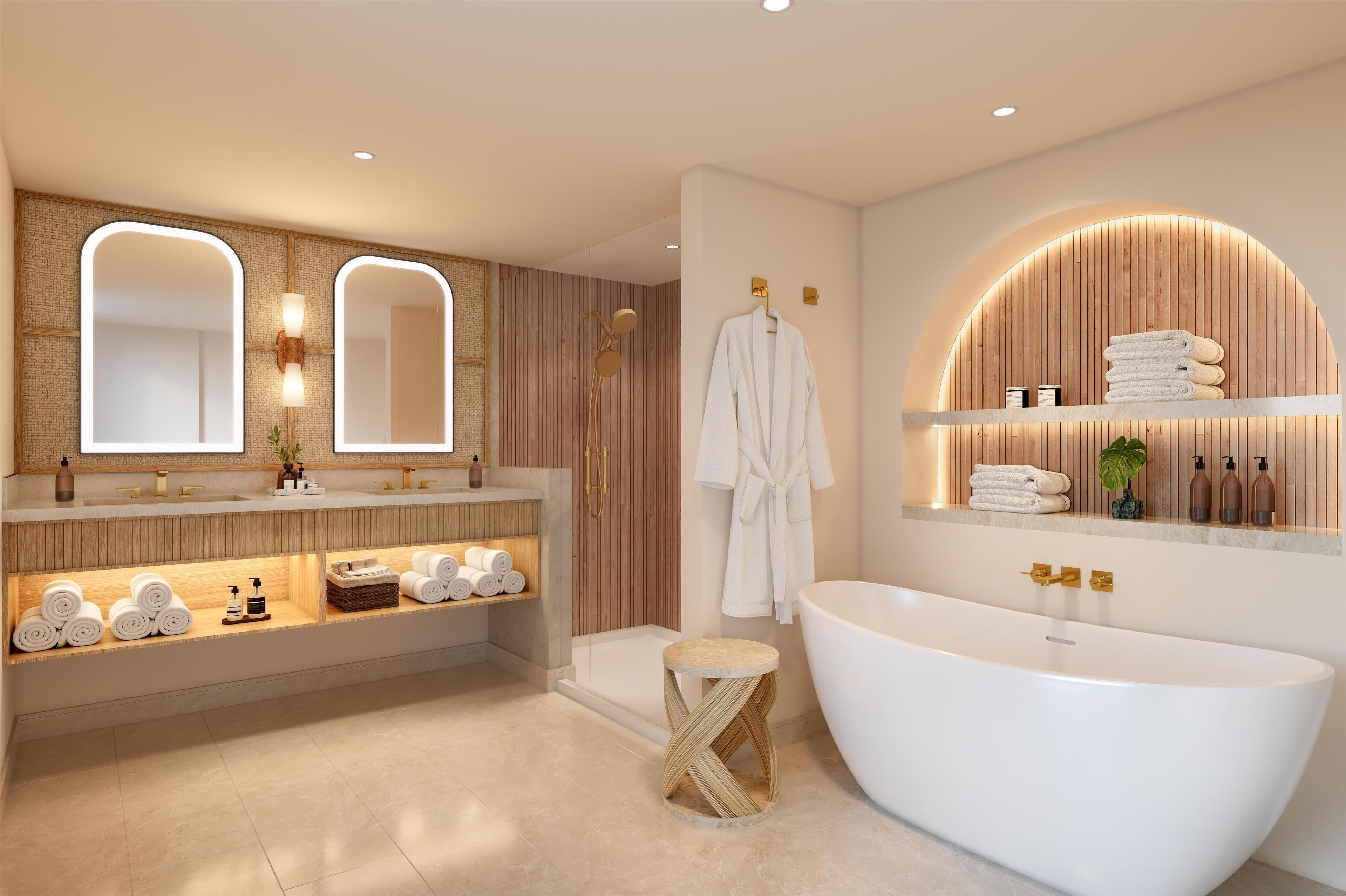 designer toiletries, hair dryer, bathrobes, towels