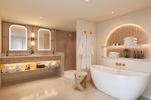 Designer toiletries, hair dryer, bathrobes, towels