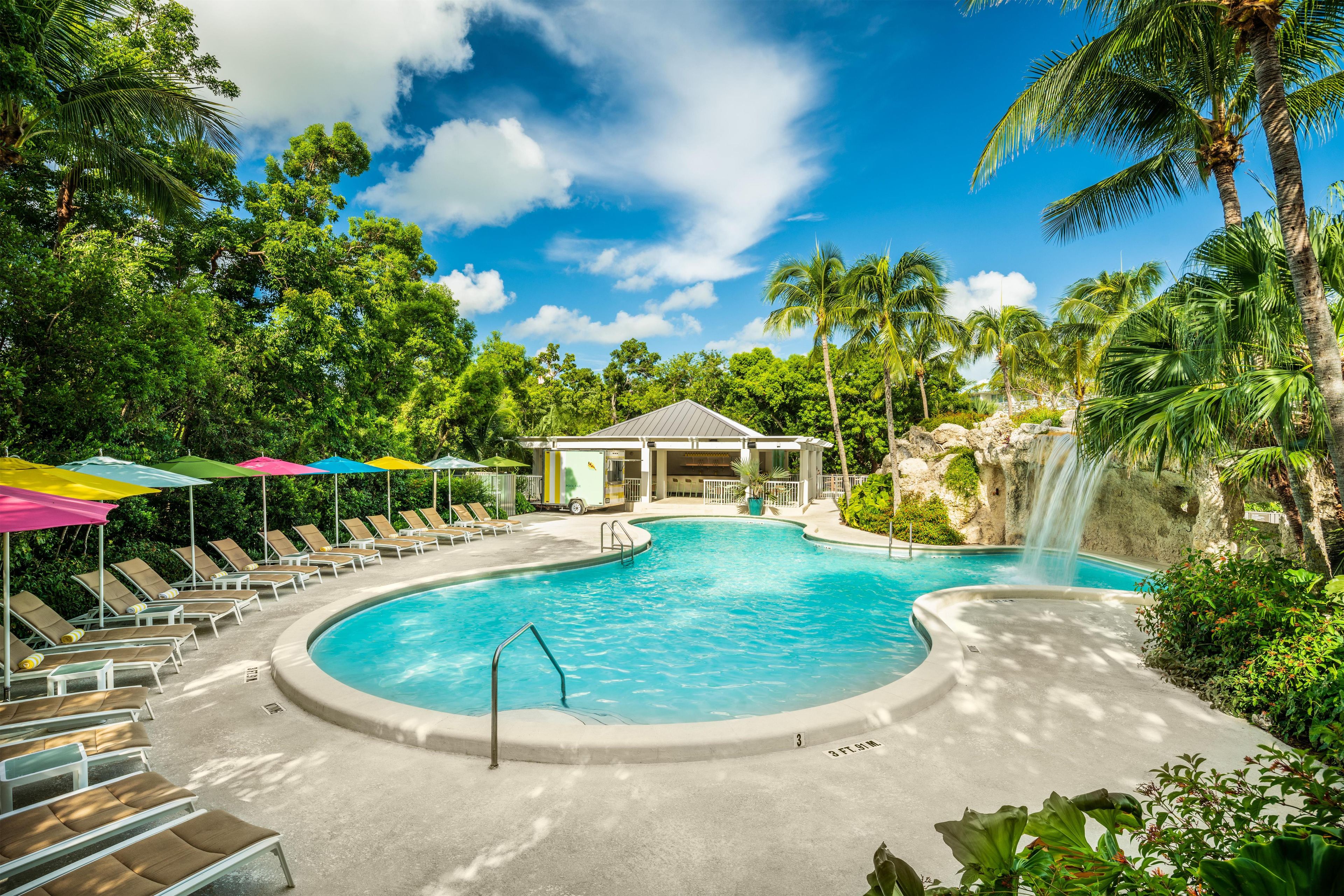 A pool with lounge chairs and umbrellas, surrounded by lush greenery and a clear sky.