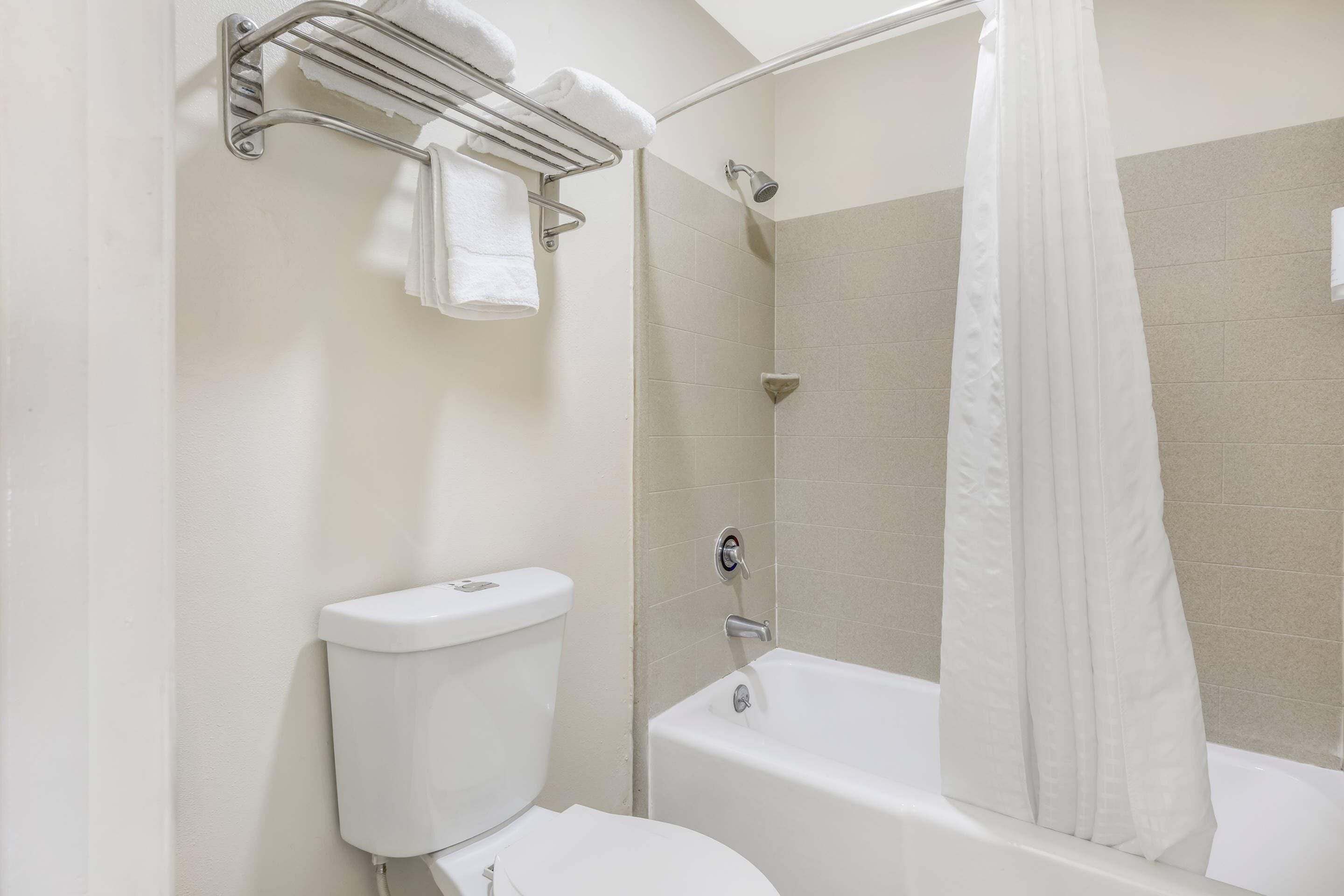 A bathroom with a toilet, a shower, and a bathtub.