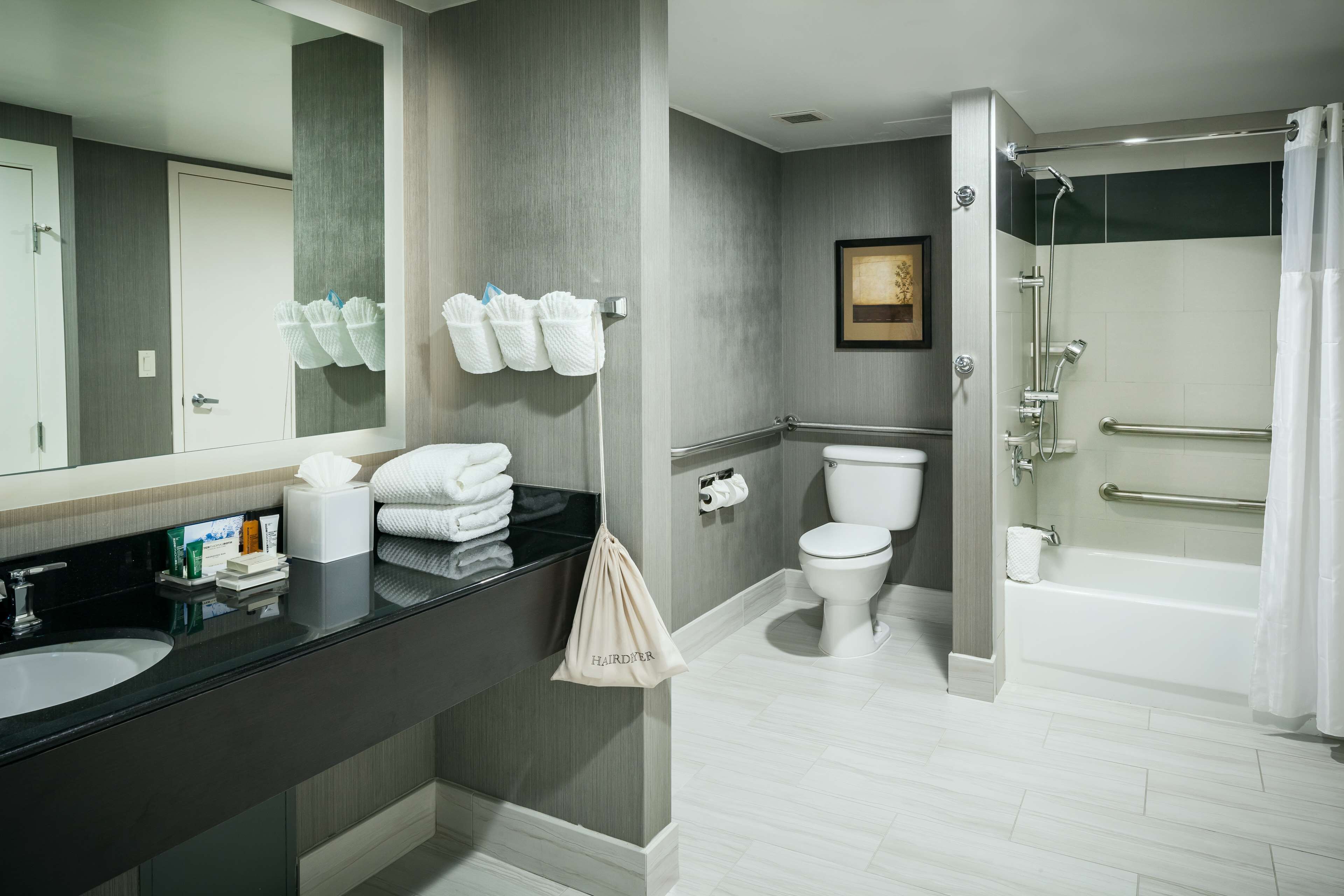 combined shower/bathtub, free toiletries, hair dryer, towels