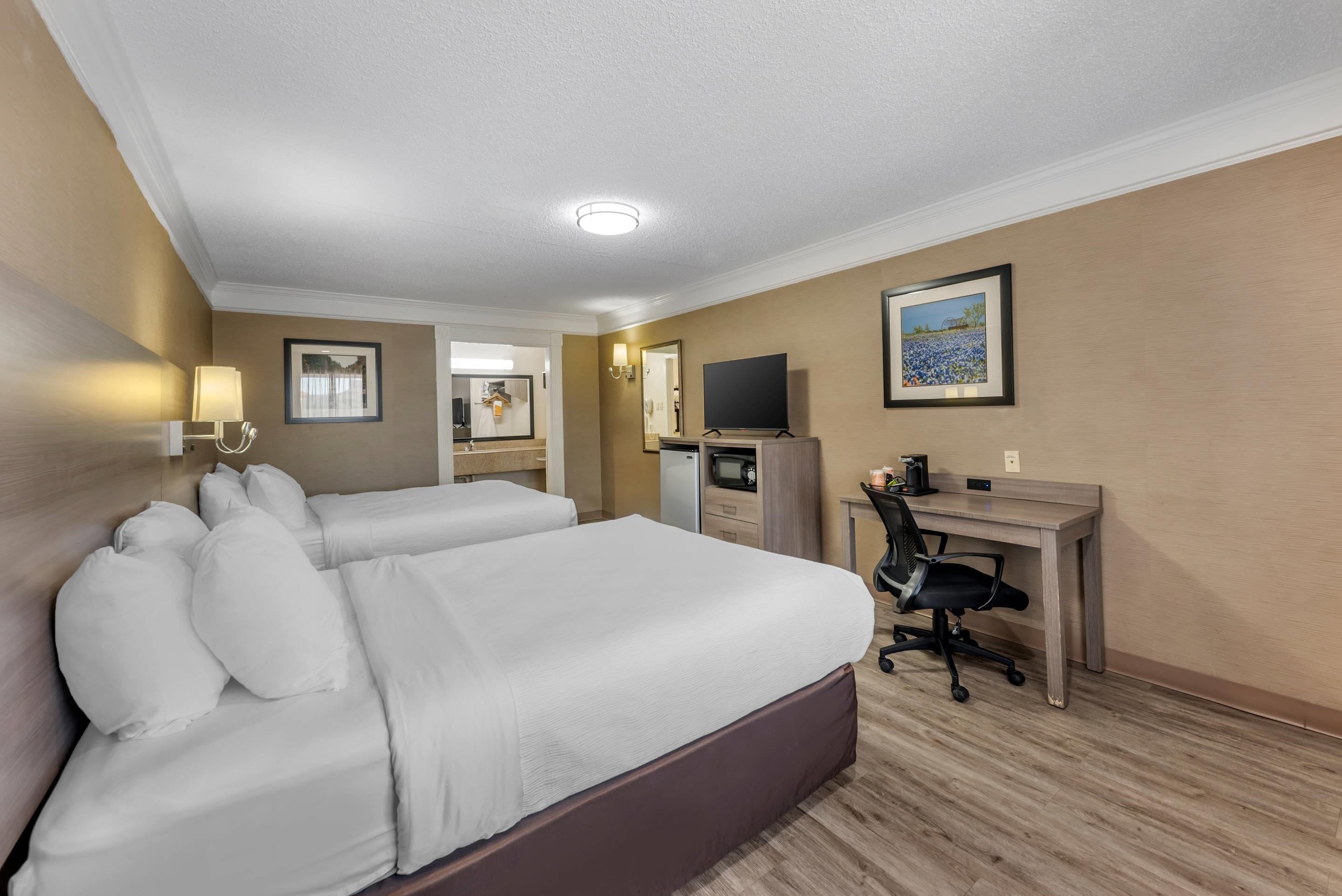 A hotel room with a large bed, a desk with a chair, a television, and a framed picture on the wall.