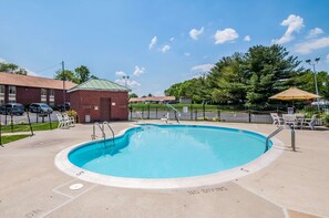 Seasonal outdoor pool, pool umbrellas, pool loungers