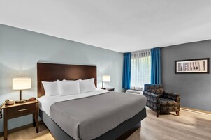 Habitación de hotel con una cama grande, mesitas de noche, una silla y un cuadro en la pared.