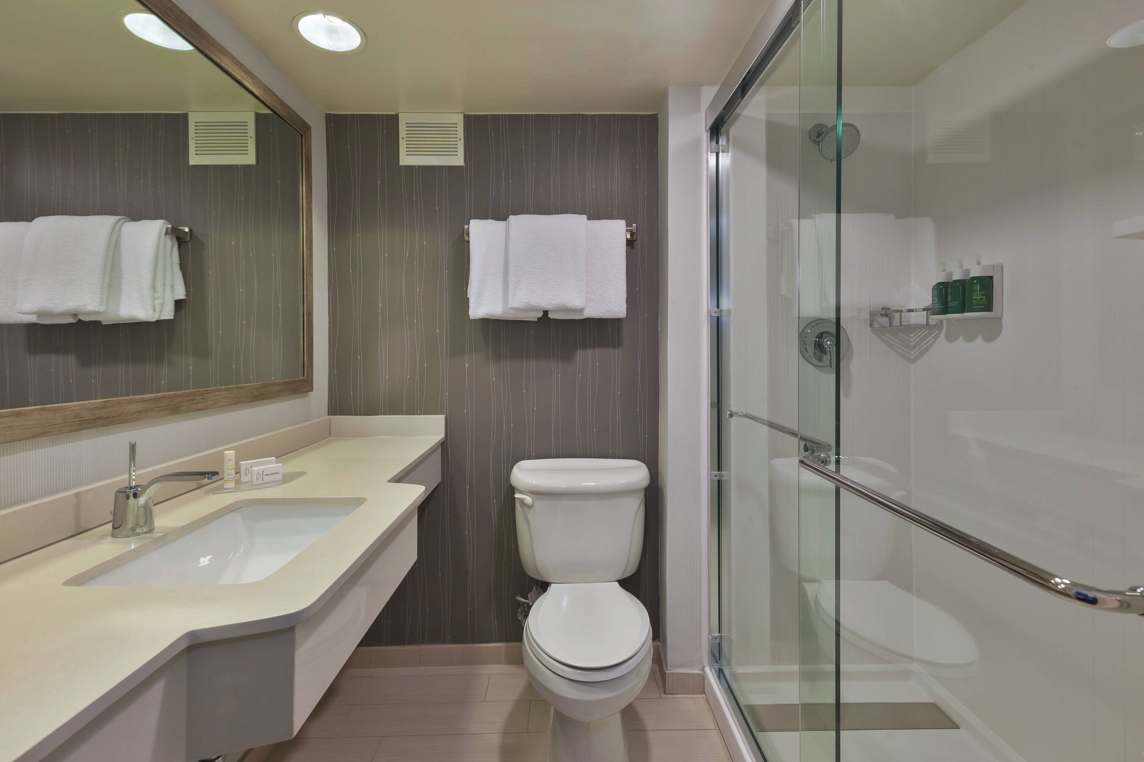 combined shower/bathtub, free toiletries, hair dryer, towels