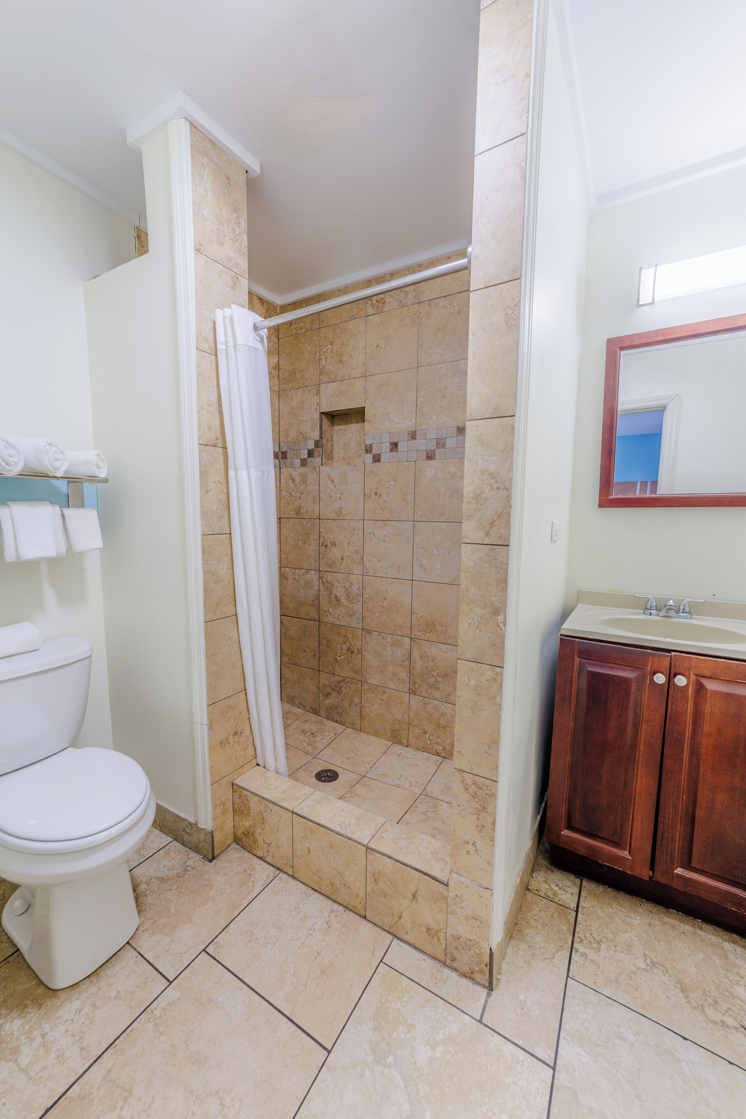 A bathroom with a shower, toilet, and vanity.