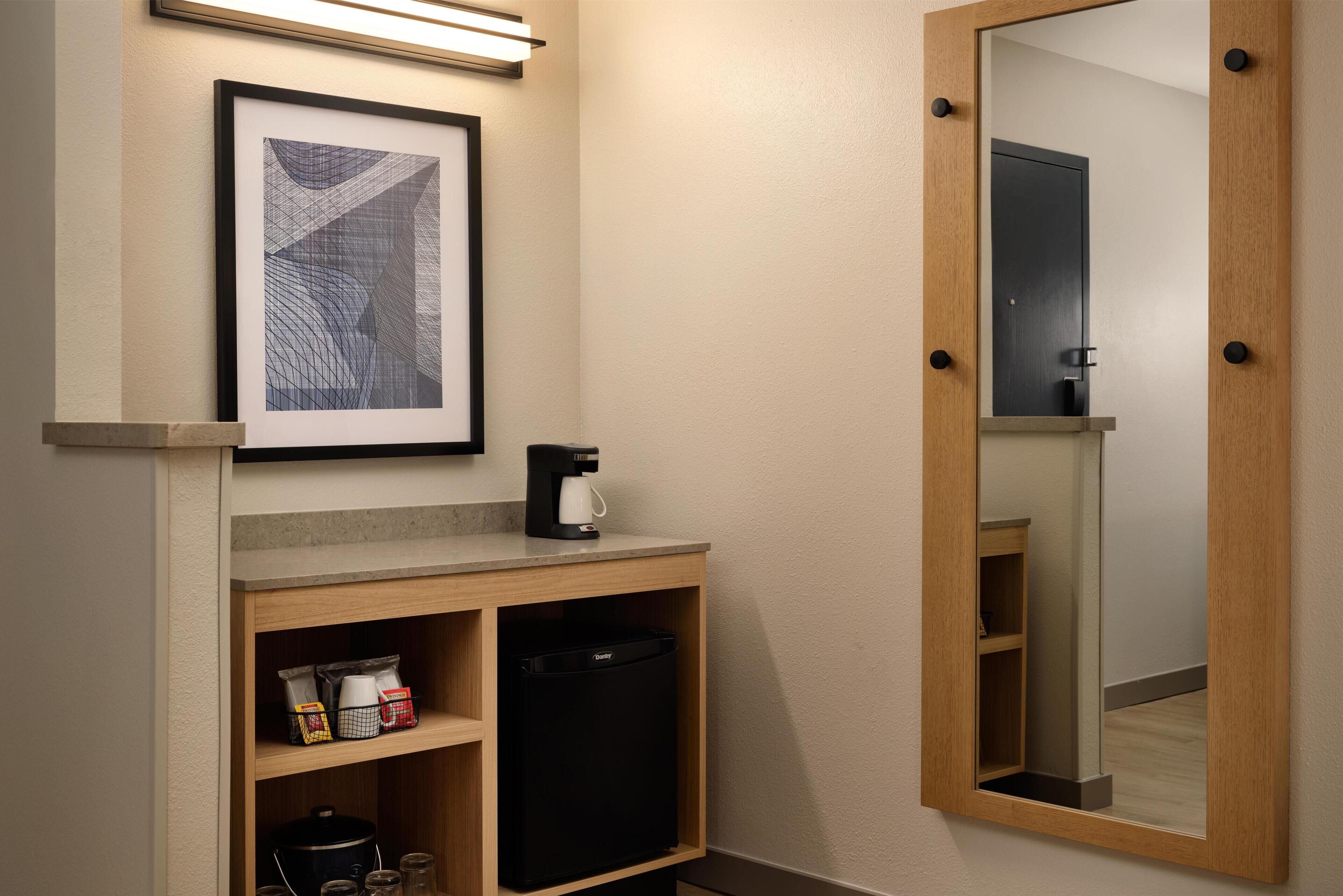 Premium bedding, desk, laptop workspace, blackout curtains
