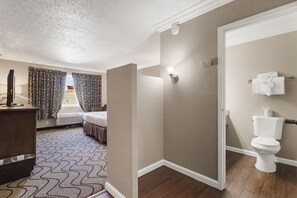 1 bedroom, desk, blackout drapes, iron/ironing board