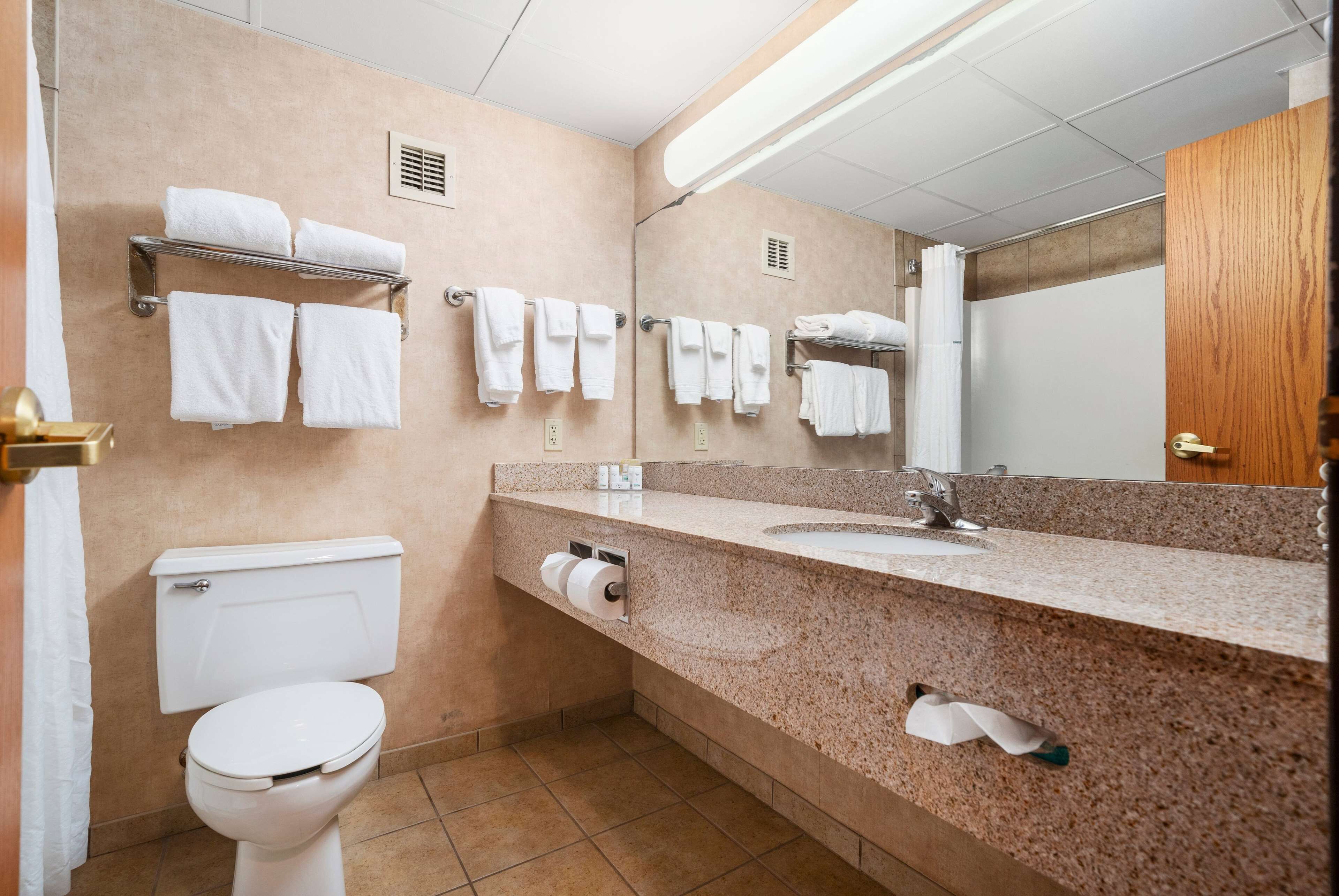 Un baño con inodoro, lavamanos y varios toalleros.