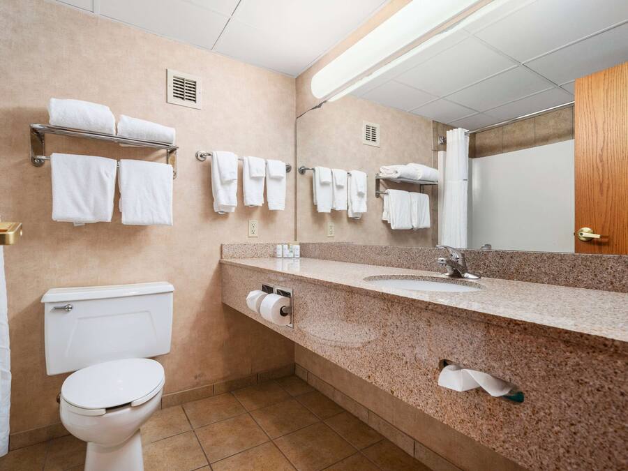 Un baño con inodoro, lavamanos y varios toalleros.