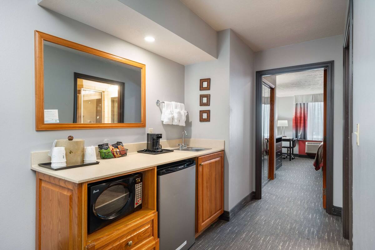 A compact hotel bathroom with a large mirror, a sink, a coffee maker, and a dishwasher.