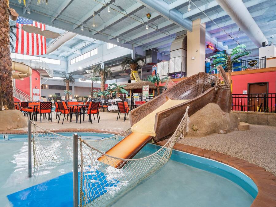 3 indoor pools, open 9:00 AM to 10:00 PM, pool loungers