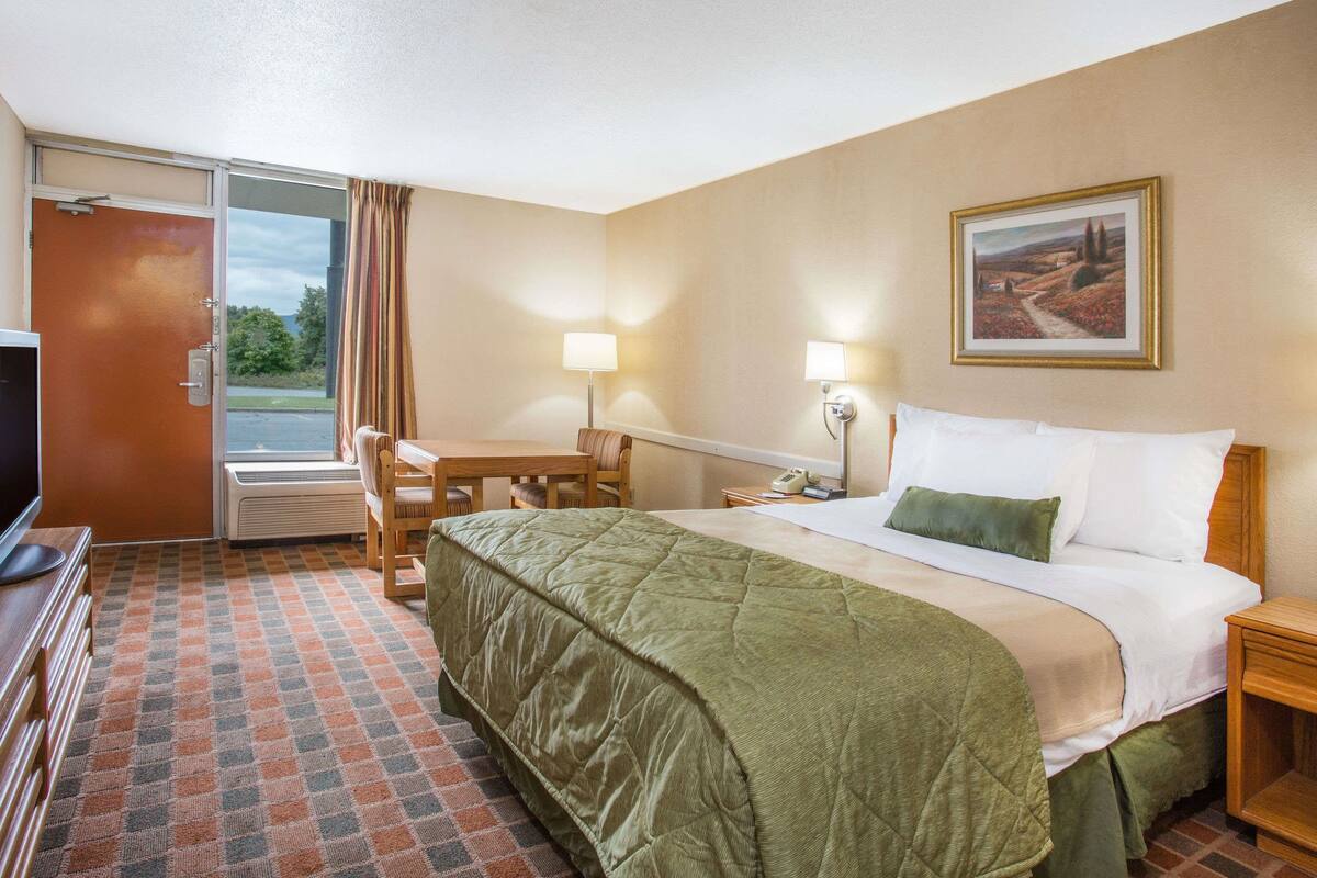 Une chambre d’hôtel avec un lit, un bureau, une chaise, une télévision et un tableau au mur.