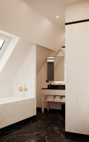 A modern bathroom with a freestanding bathtub, a vanity with a mirror, and a towel rack. - l'Echiquier Opéra Hotel Paris - MGallery Collection (Paris)