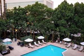 Outdoor pool, pool umbrellas, pool loungers