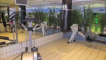 A gym with exercise equipment, a punching bag, and a view of greenery through the windows.