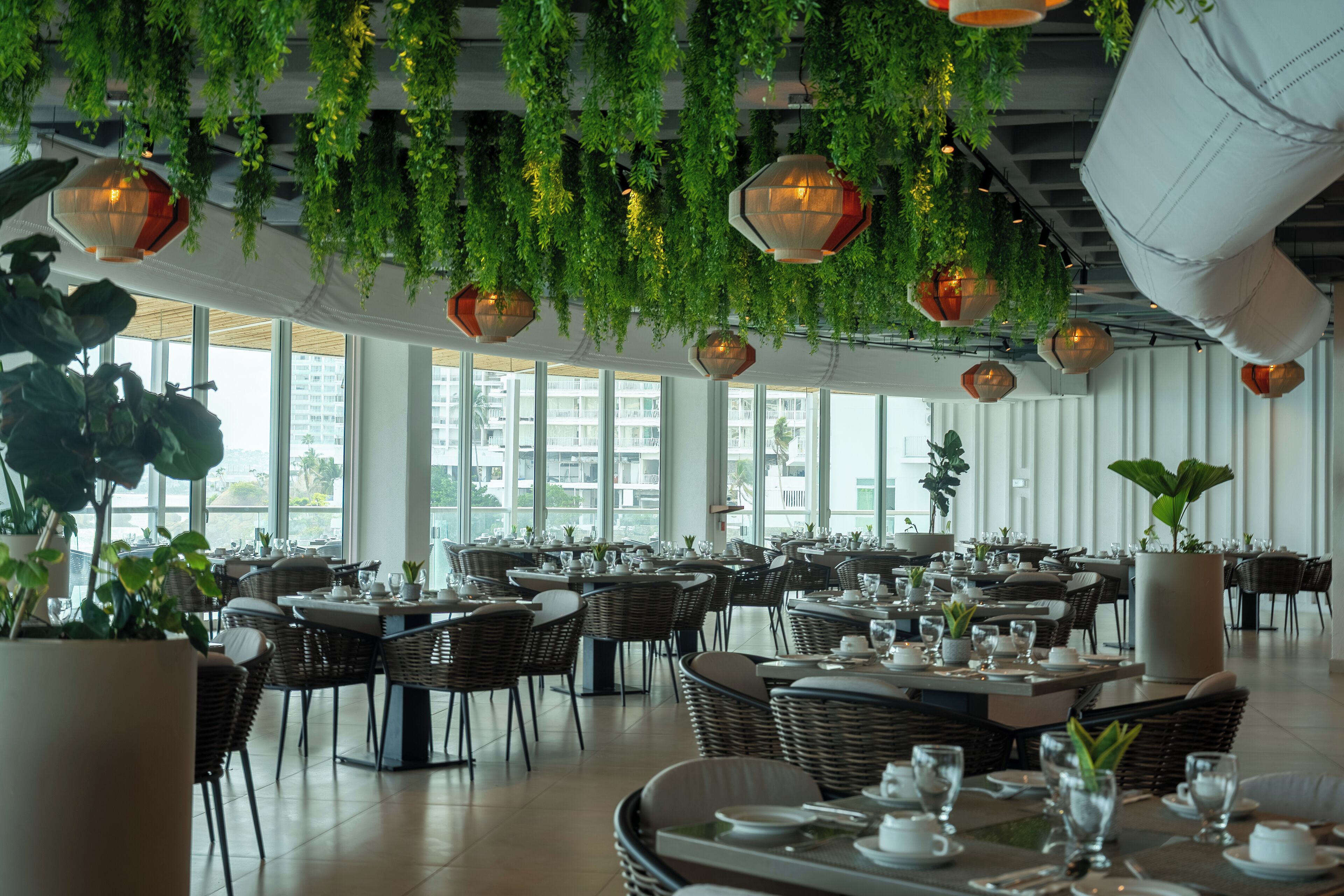 A restaurant with indoor plants, hanging lanterns, and large windows.
