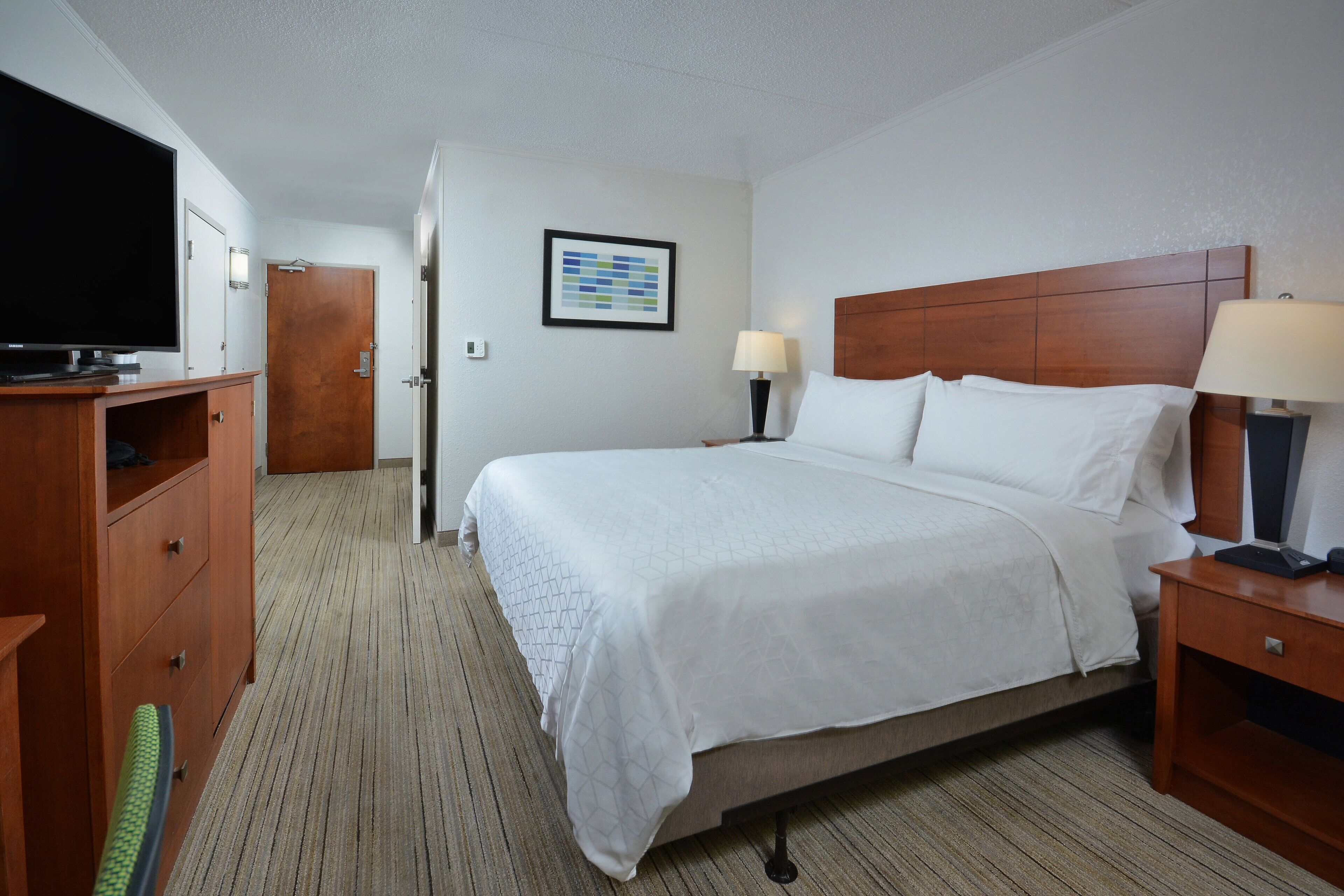 Habitación de hotel con una cama grande, cabecero de madera, dos mesitas de noche con lámparas, un televisor de pantalla plana sobre un mueble de madera, un cuadro enmarcado en la pared y suelo alfombrado.