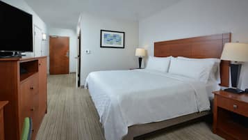 Habitación de hotel con una cama grande, cabecero de madera, dos mesitas de noche con lámparas, un televisor de pantalla plana sobre un mueble de madera, un cuadro enmarcado en la pared y suelo alfombrado.