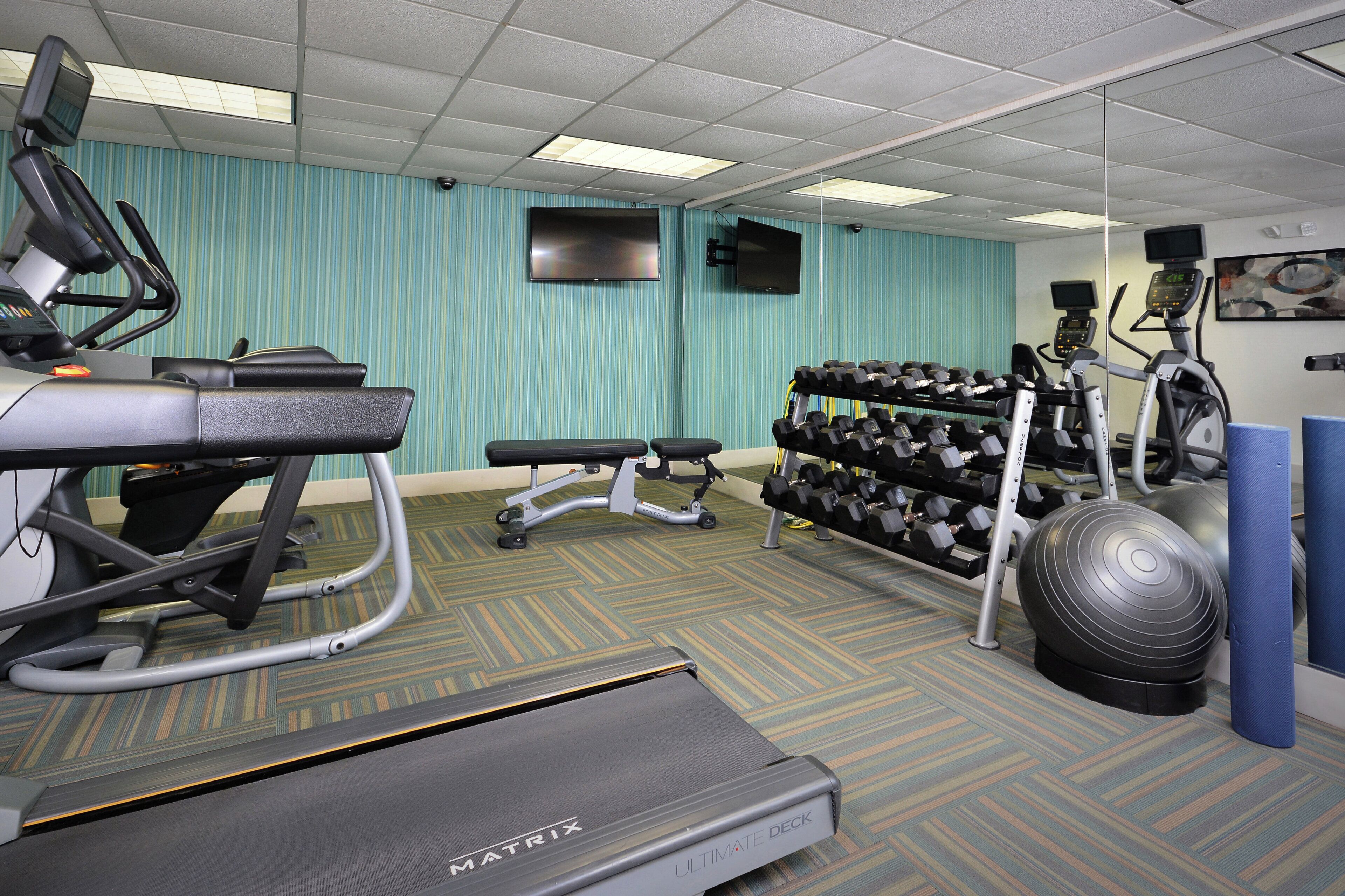 Un gimnasio con cinta de correr, banco para pesas, mancuernas y equipamiento de ejercicio.