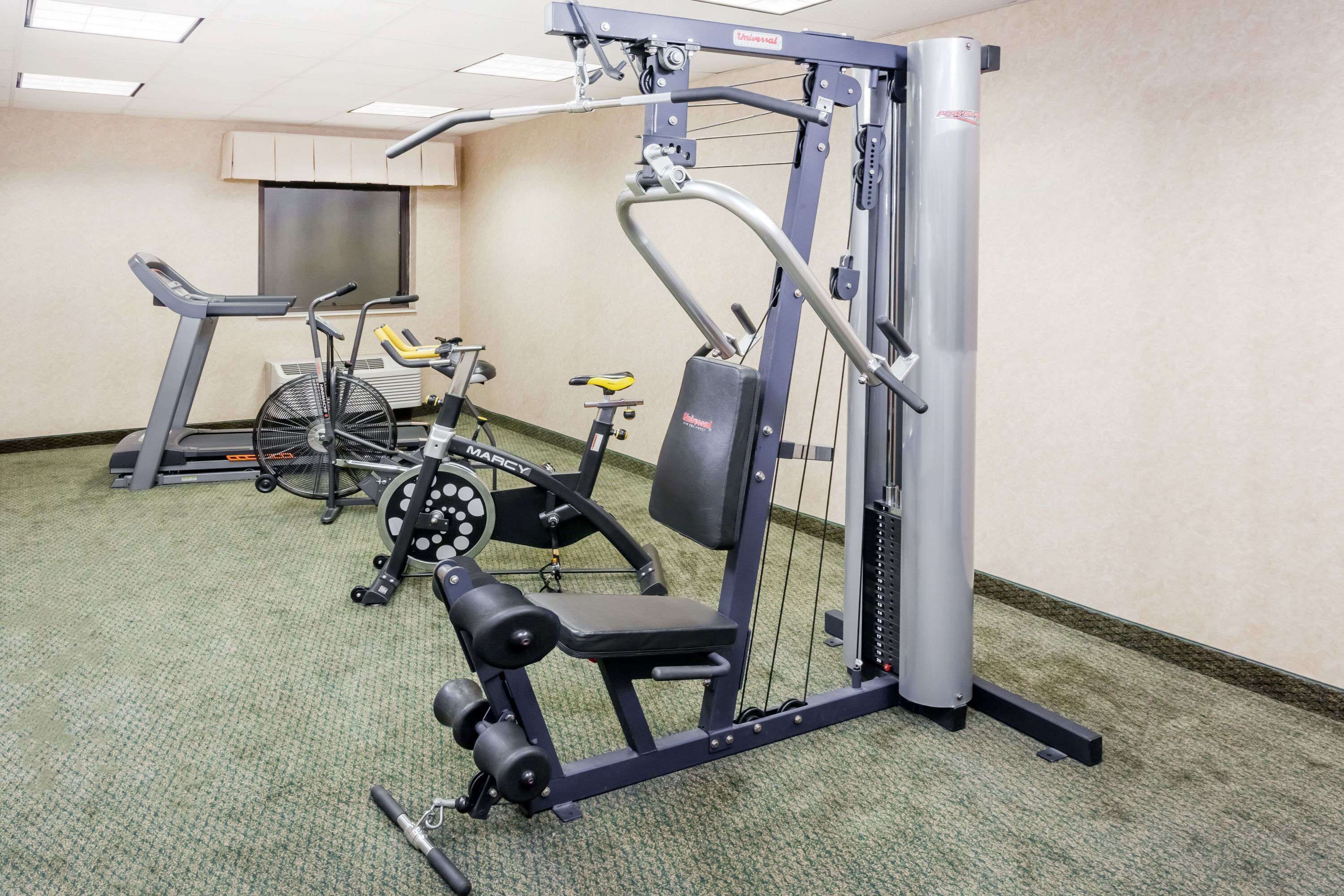 A gym with a stationary bike, a treadmill, and a weight machine.