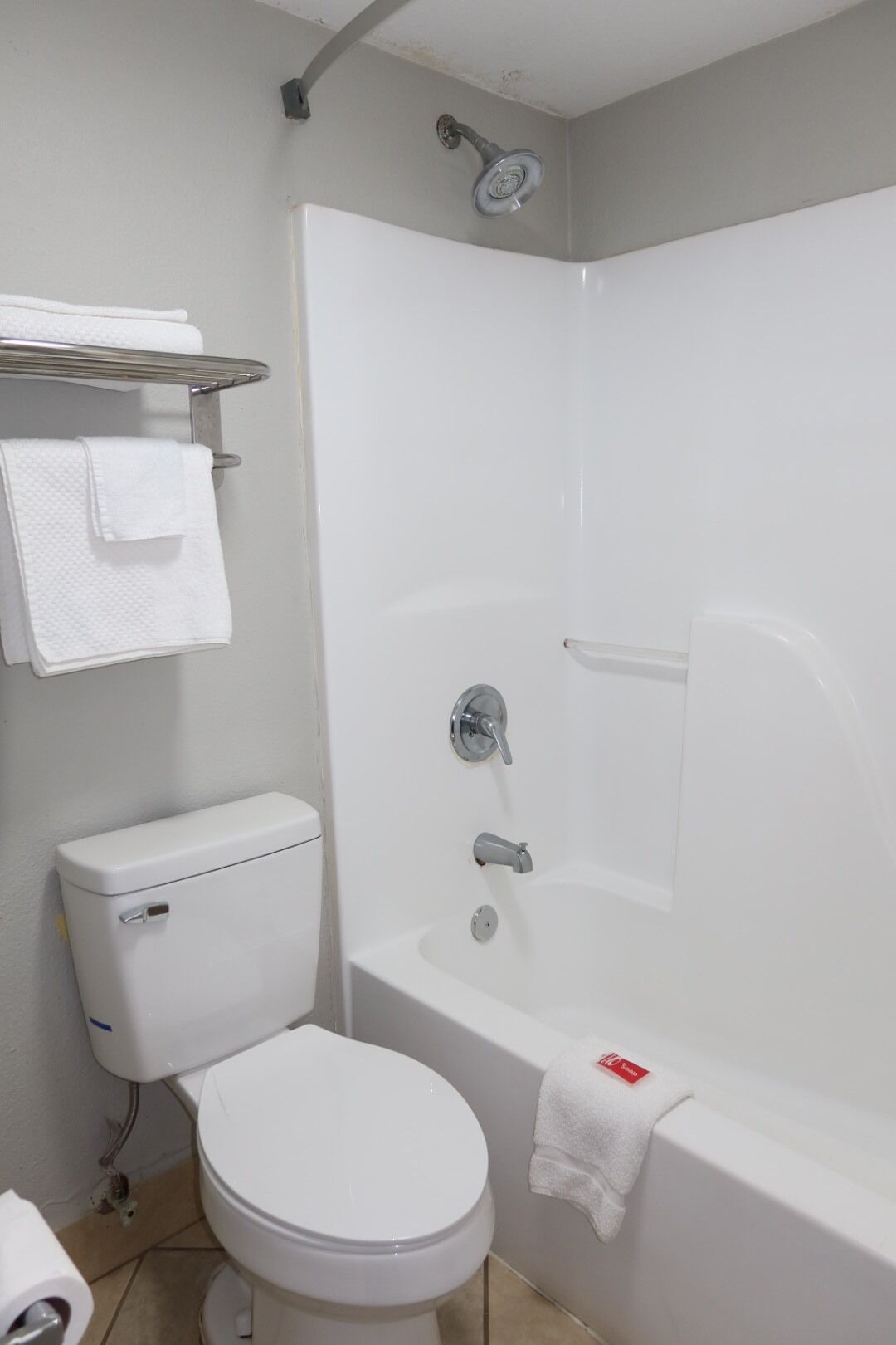 Combined shower/tub, free toiletries, hair dryer, towels