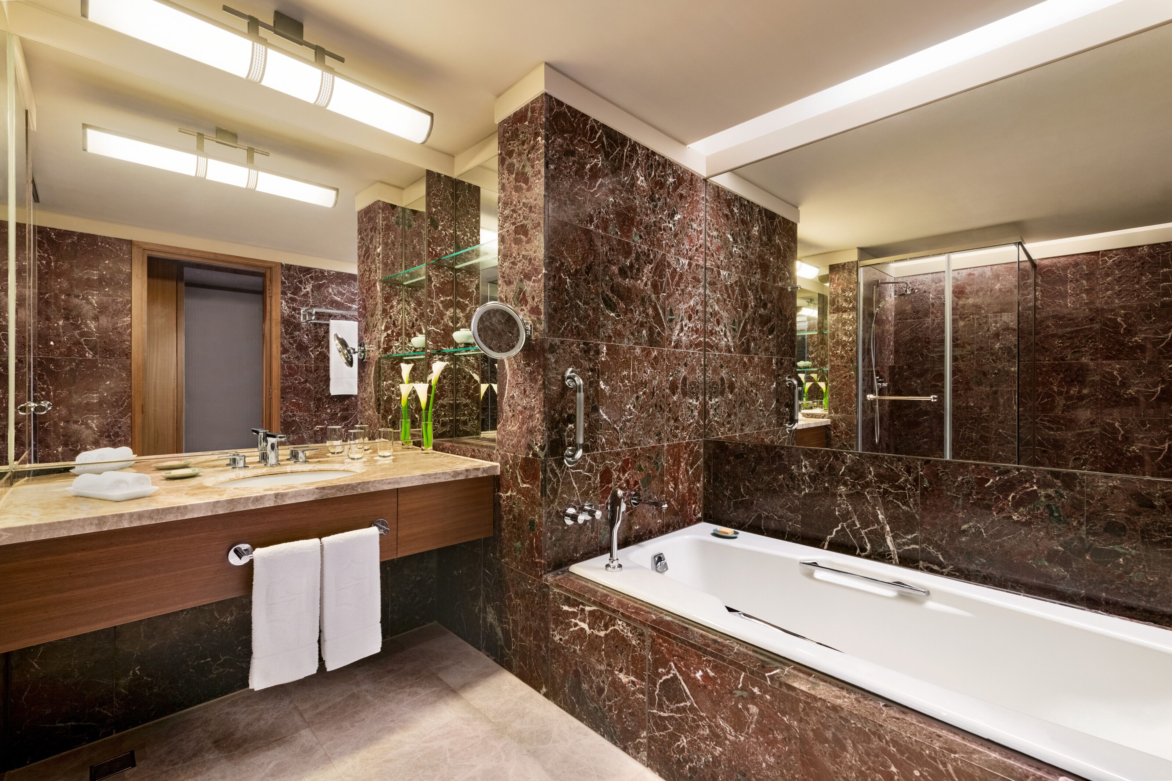 separate bathtub and shower, free toiletries, hair dryer, bathrobes