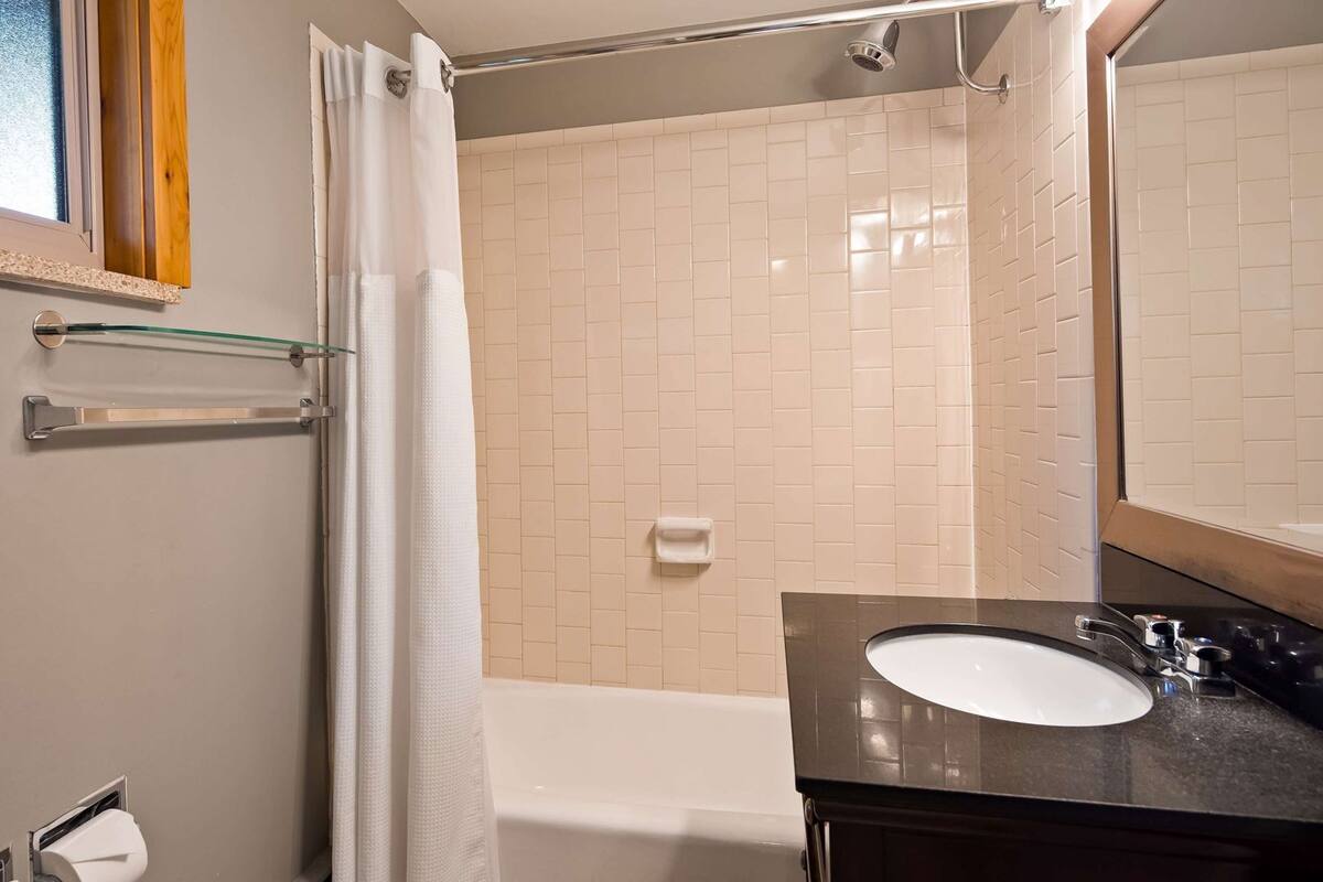 Bathroom | Hair dryer, towels, toilet paper