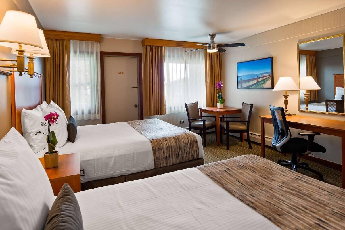 Desk, blackout drapes, iron/ironing board, free cribs/infant beds