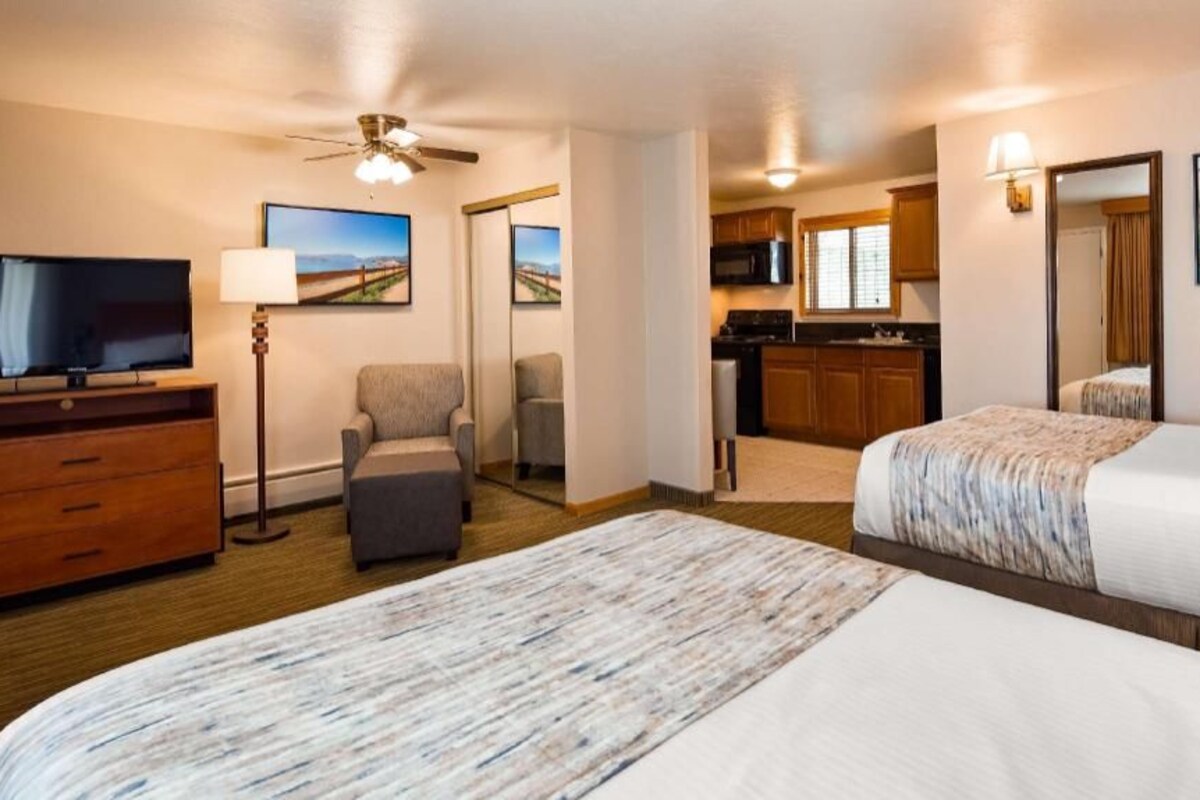 A hotel room with a television, a desk, a chair, a bed, a sofa, a kitchen area, and a dining table.
