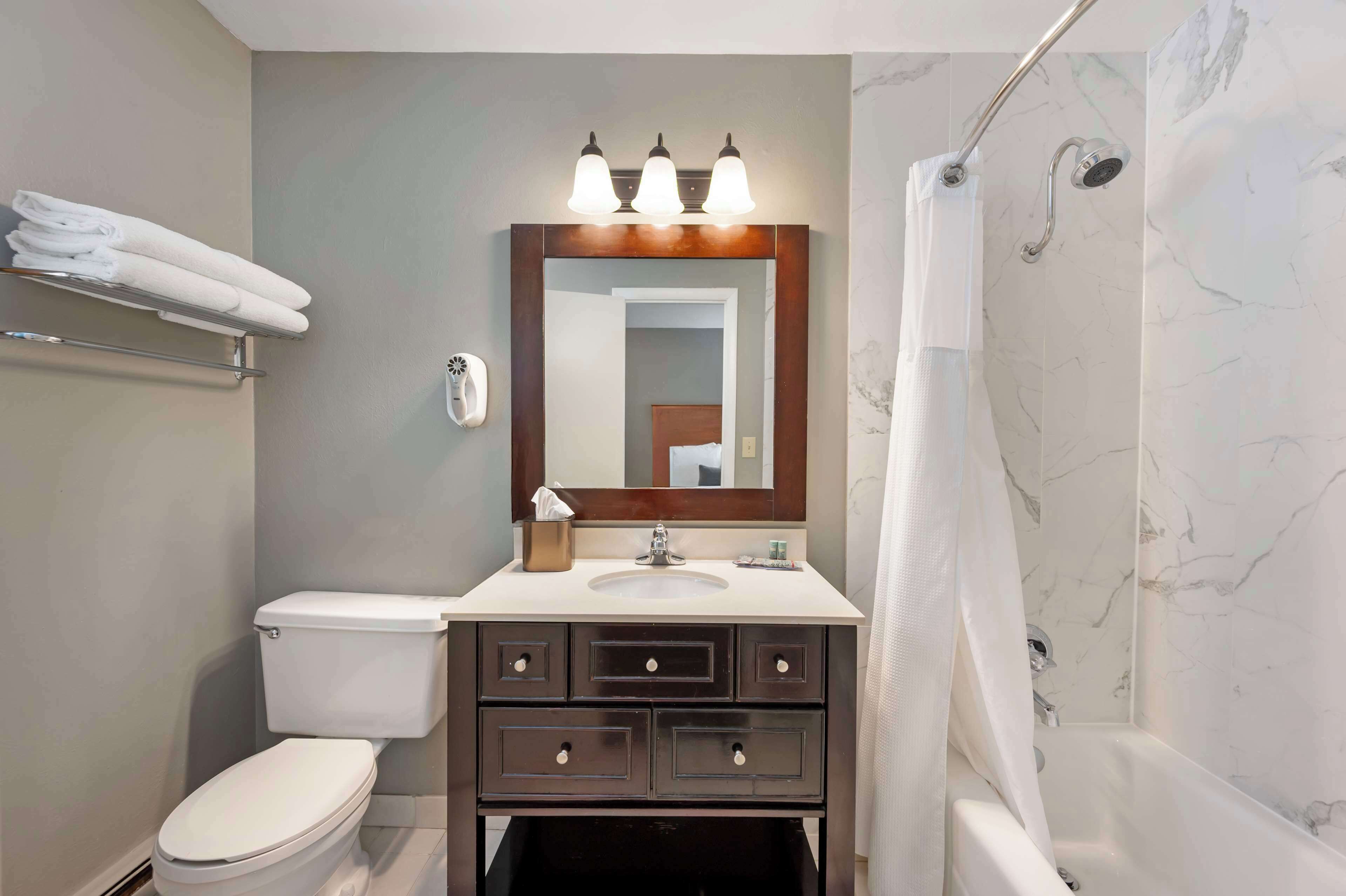 hair dryer, towels, toilet paper