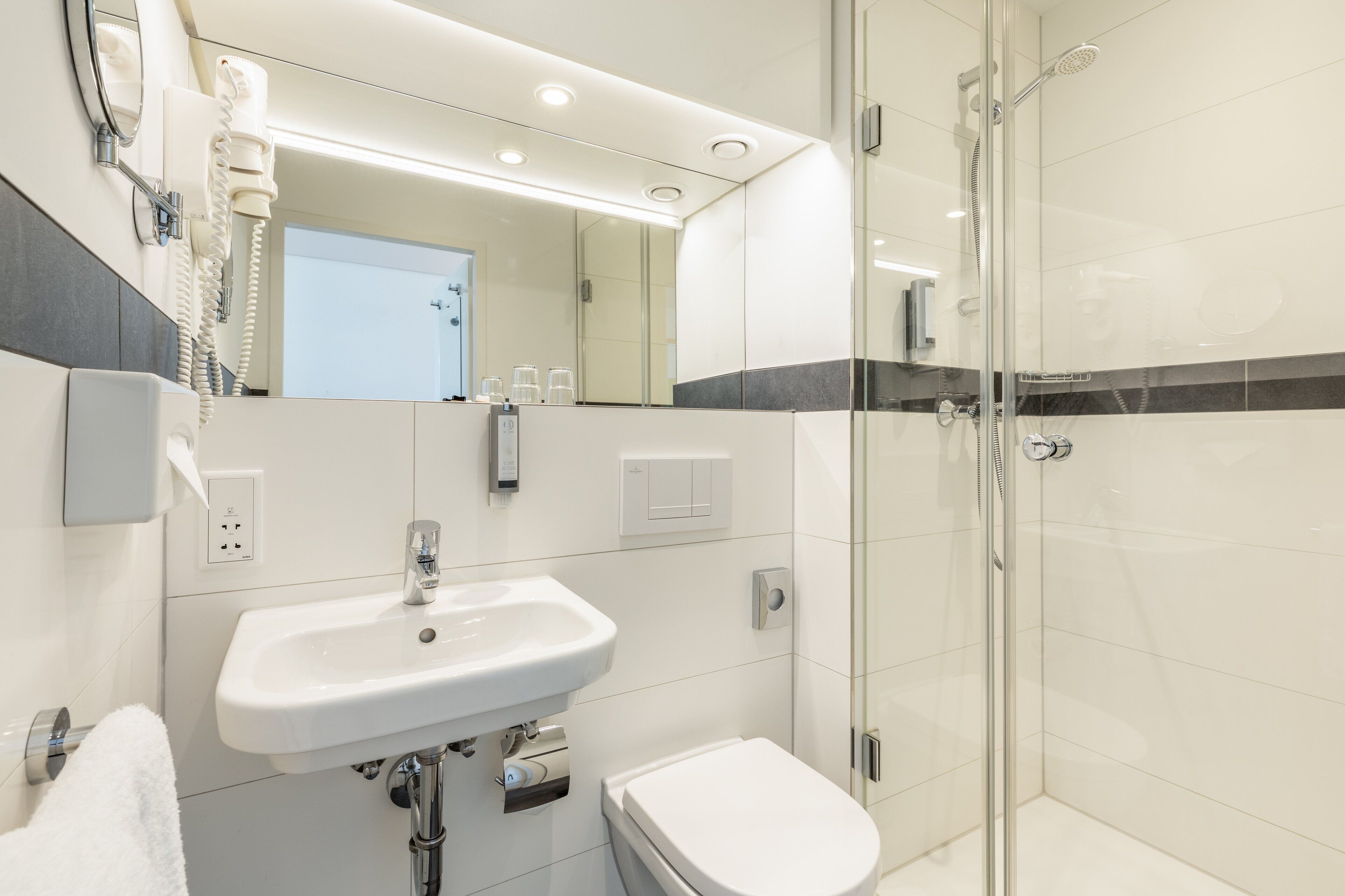 A modern bathroom with a glass-enclosed shower, a white sink, and a toilet.