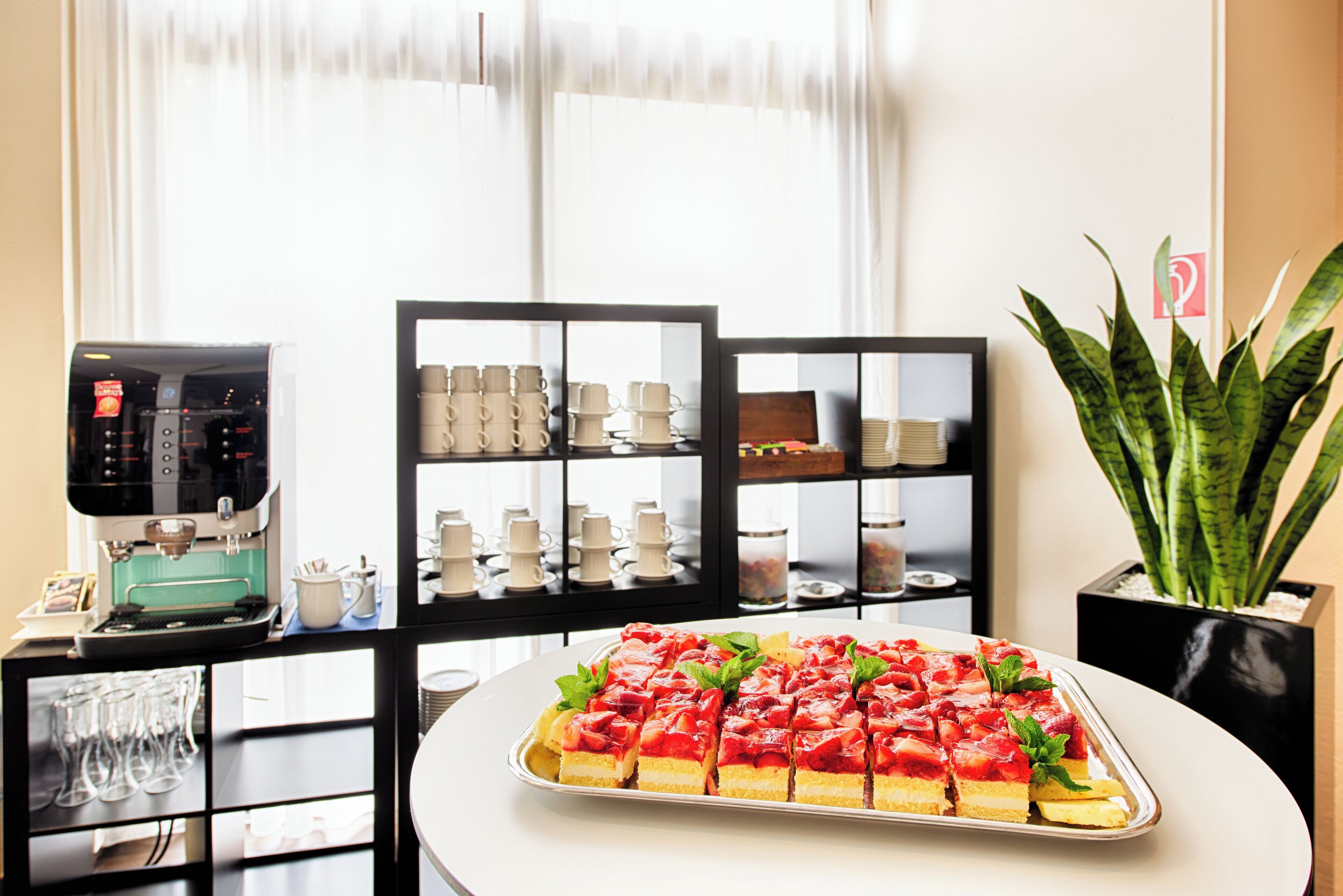 A breakfast buffet with a coffee machine, a variety of cups, and a large plant.